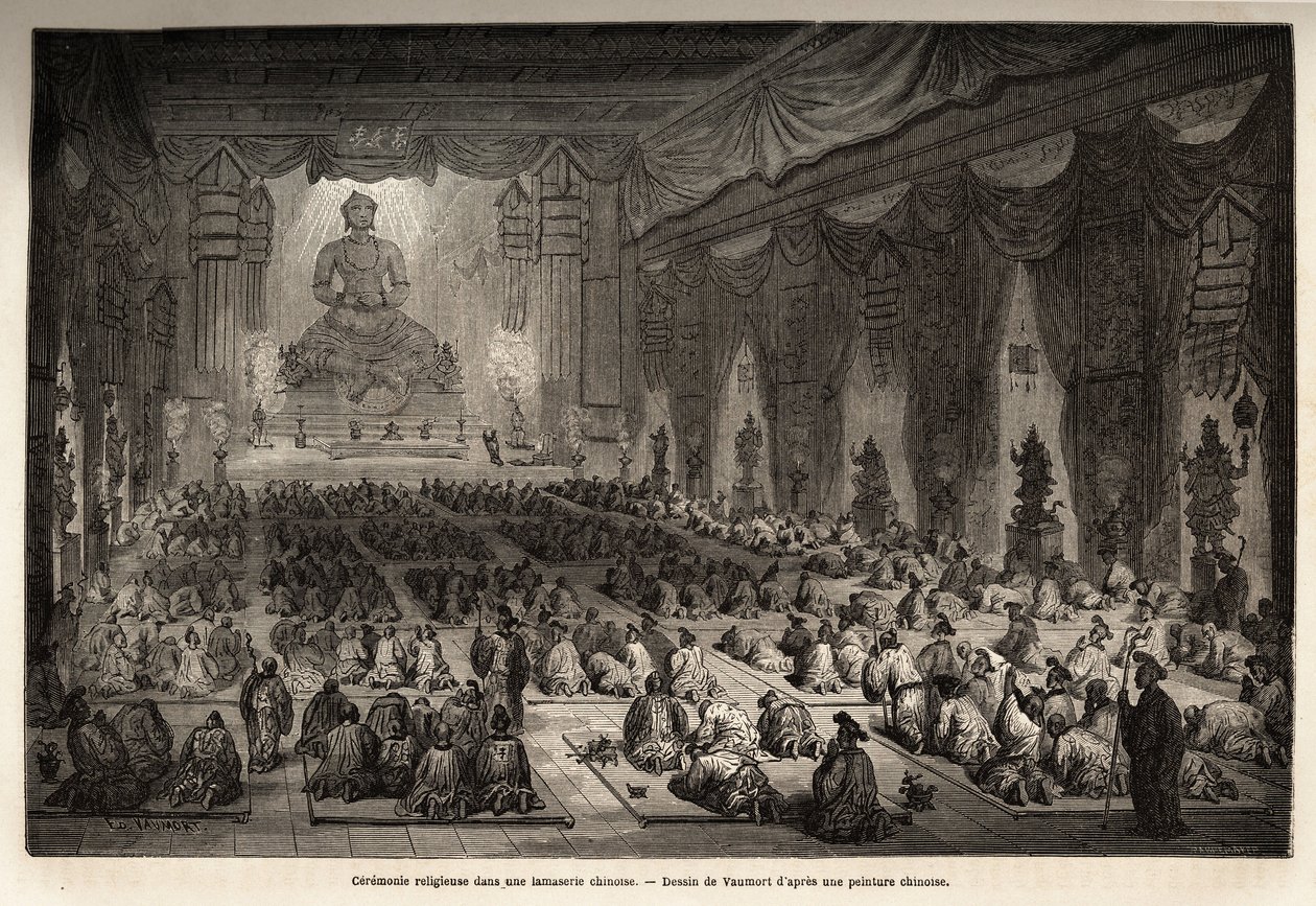 Uskonnollinen seremonia kiinalaisessa lamasseressa, piirustuksena Vaumort (? -1886), havainnollistamaan Ranskan Kiinan ministerin M. de Bourboulonin matkaa Shanghaista Moskovaan vuosina 1859–1862. Kaiverrus kirjassa "" Le tour du monde", toimittanut Edouar tekijältä Edouard Vaumort