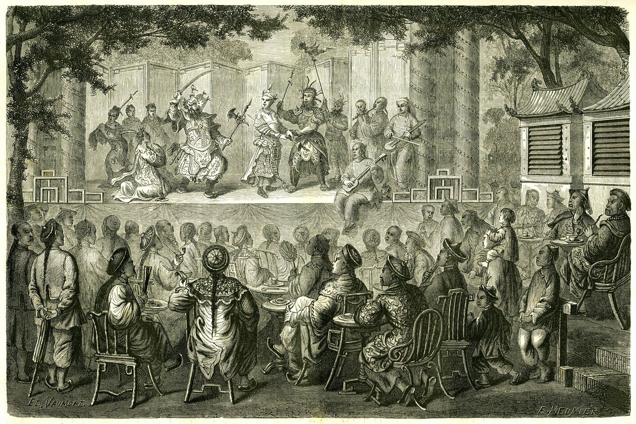 Näkymä Opera de Pekinin (Peking) esityksestä Kiinassa Madame de Bourboulonin matkatarinan jälkeen. Kaiverrus Vaumortin piirustuksen jälkeen julkaisussa "" Le Tour du Monde, Nouveau Journal des Voyages", toimittanut Edouard Charton, Paris tekijältä Edouard Vaumort