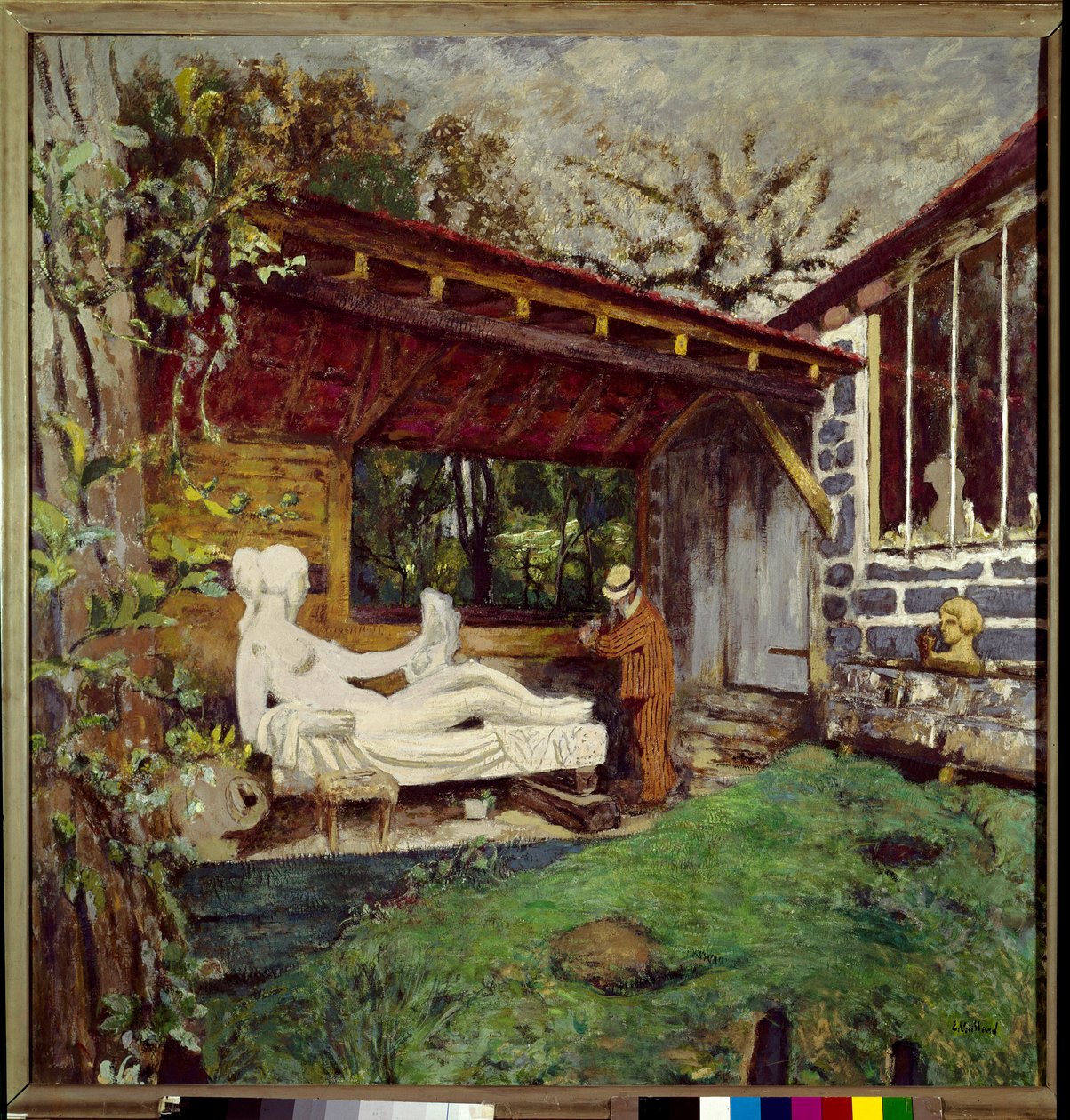 Aristide Maillol viimeistelee veistoksen Paul Cezannen kunniaksi, 1900-luku (öljy kankaalle) tekijältä Edouard Vuillard
