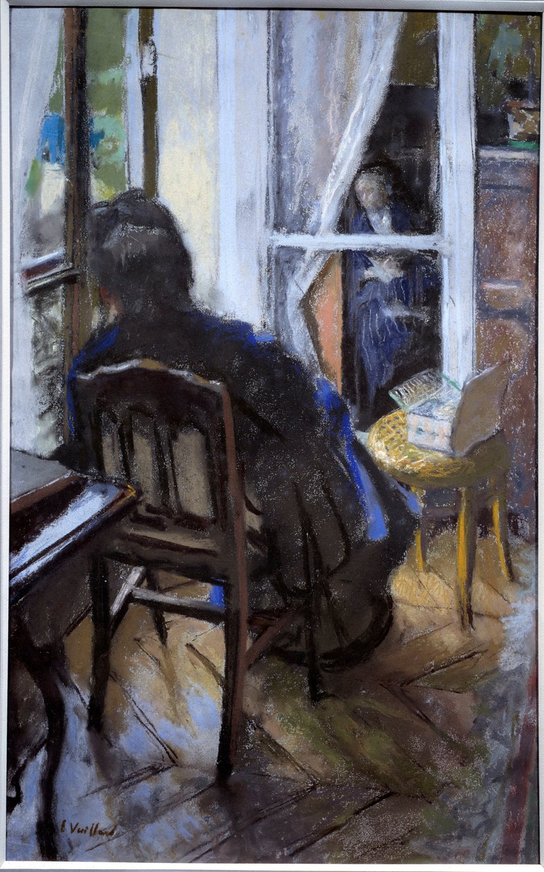 Ikkunalla Nainen lukee kirjaa ja katsoo ulos ikkunasta 1900-luku (öljy kankaalle) tekijältä Edouard Vuillard