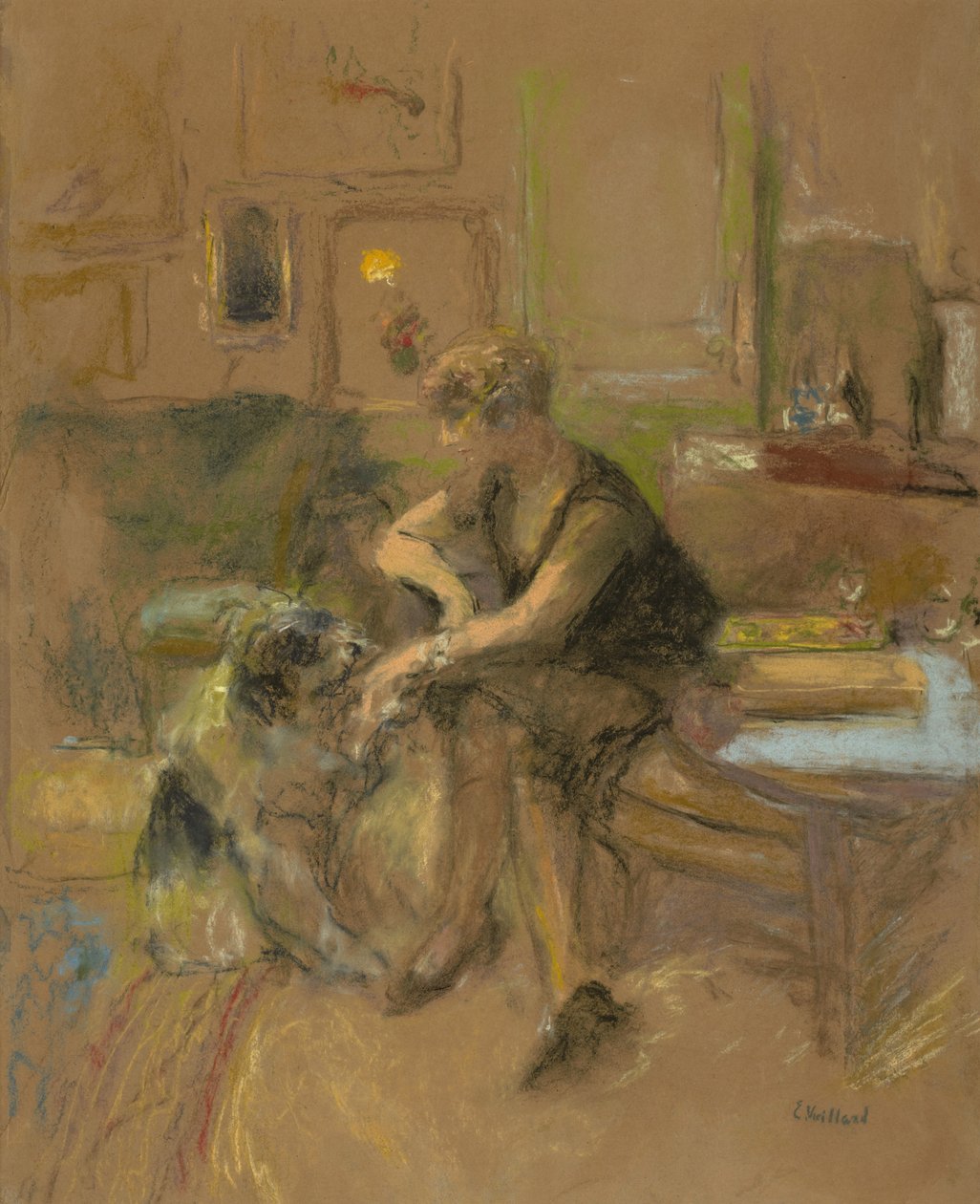 Gabrielle Jonas leikkii koiran kanssa, 1927 tekijältä Edouard Vuillard