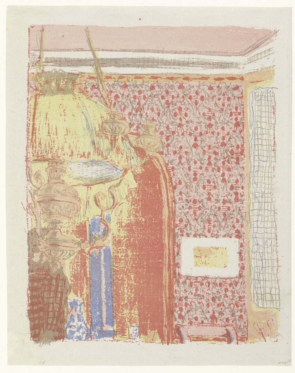 Sisustus laittaa ruusunpunaisen behangin lamppuun Sisäpuoli vaaleanpunaisilla verhoilla Maisema sisätiloissa (sarjan nimi) Maisemat ja sisätilat (sarjan nimi) tekijältä Edouard Vuillard