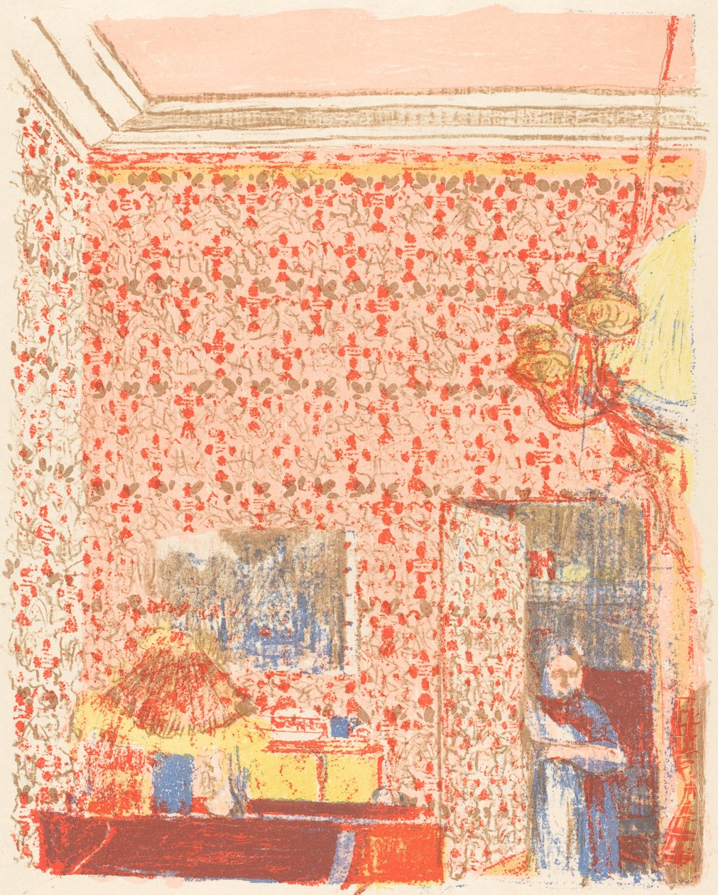 Sisustus vaaleanpunaisella tapetilla I Interieur aux tentures roses I, c. 1896 julkaistu 1899. tekijältä Edouard Vuillard