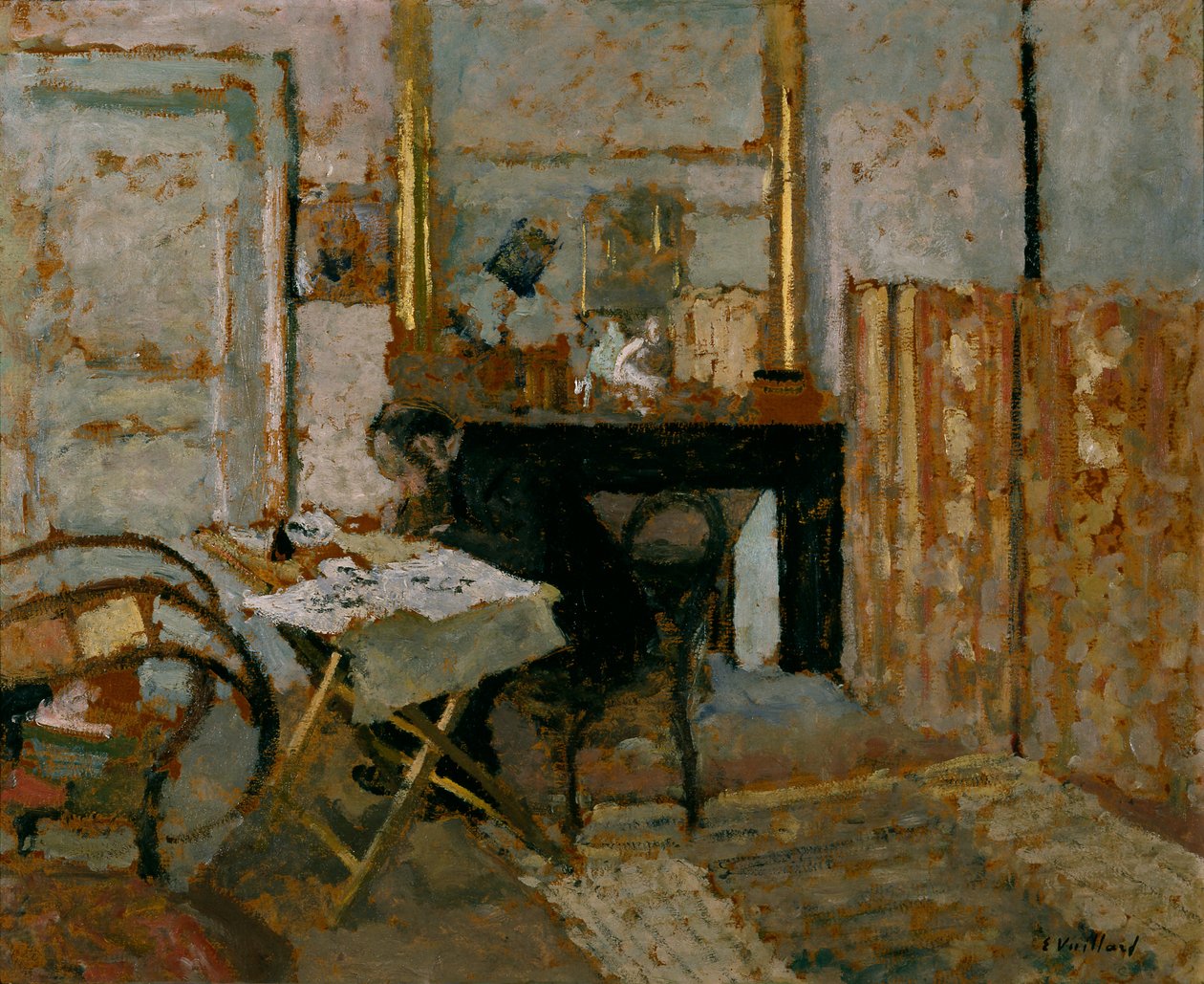 K.X. Roussel lukemassa, noin 1904 (öljy kartongille). tekijältä Edouard Vuillard