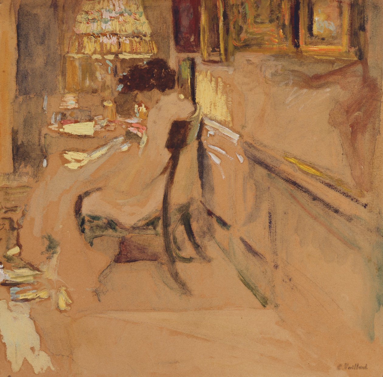 Madam Hessel Ompelu lampun alla, n. 1905 tekijältä Edouard Vuillard