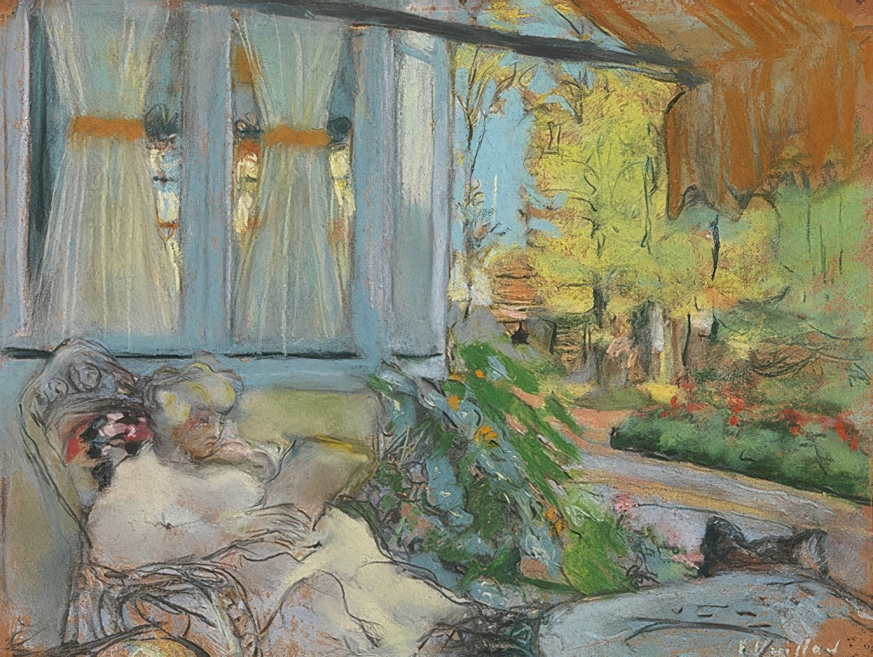 Madame Hessel auf der Terrasse lesend (Madama Hessel lukee Clos Cézannen terassilla). 1920-25 tekijältä Edouard Vuillard