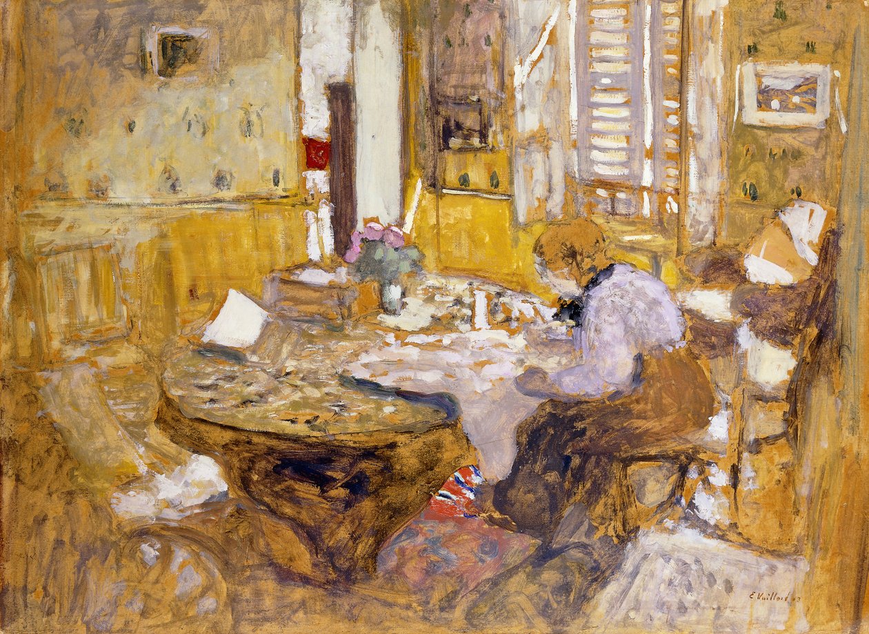 Madame Vuillard lukemassa ruokasalissa, rue Truffaut; Madame Vuillard lukee huoneessa? Eating, rue Truffant, 1903 tekijältä Edouard Vuillard