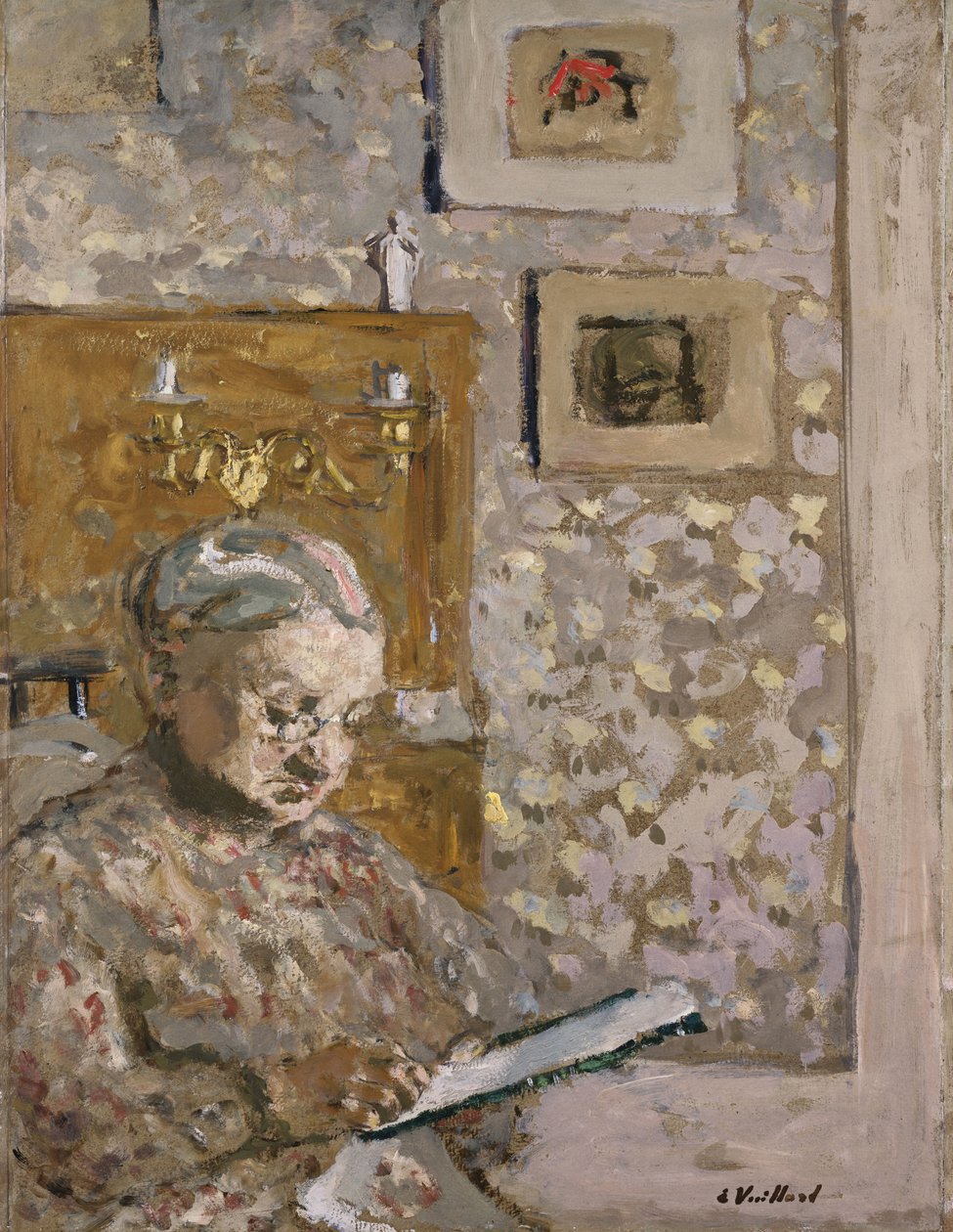 Rouva Vuillard kuvakudoksen kanssa, n. 1910 (öljy levylle) tekijältä Edouard Vuillard
