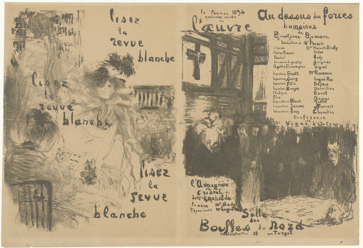 Kansiohjelmavihkonen, jossa on La Revue Blanchen mainos ja ilmoitus näytelmästä Au-dessus des forces humaines Lisez la revue blanche Au-dessus des forces humaines tekijältä Edouard Vuillard