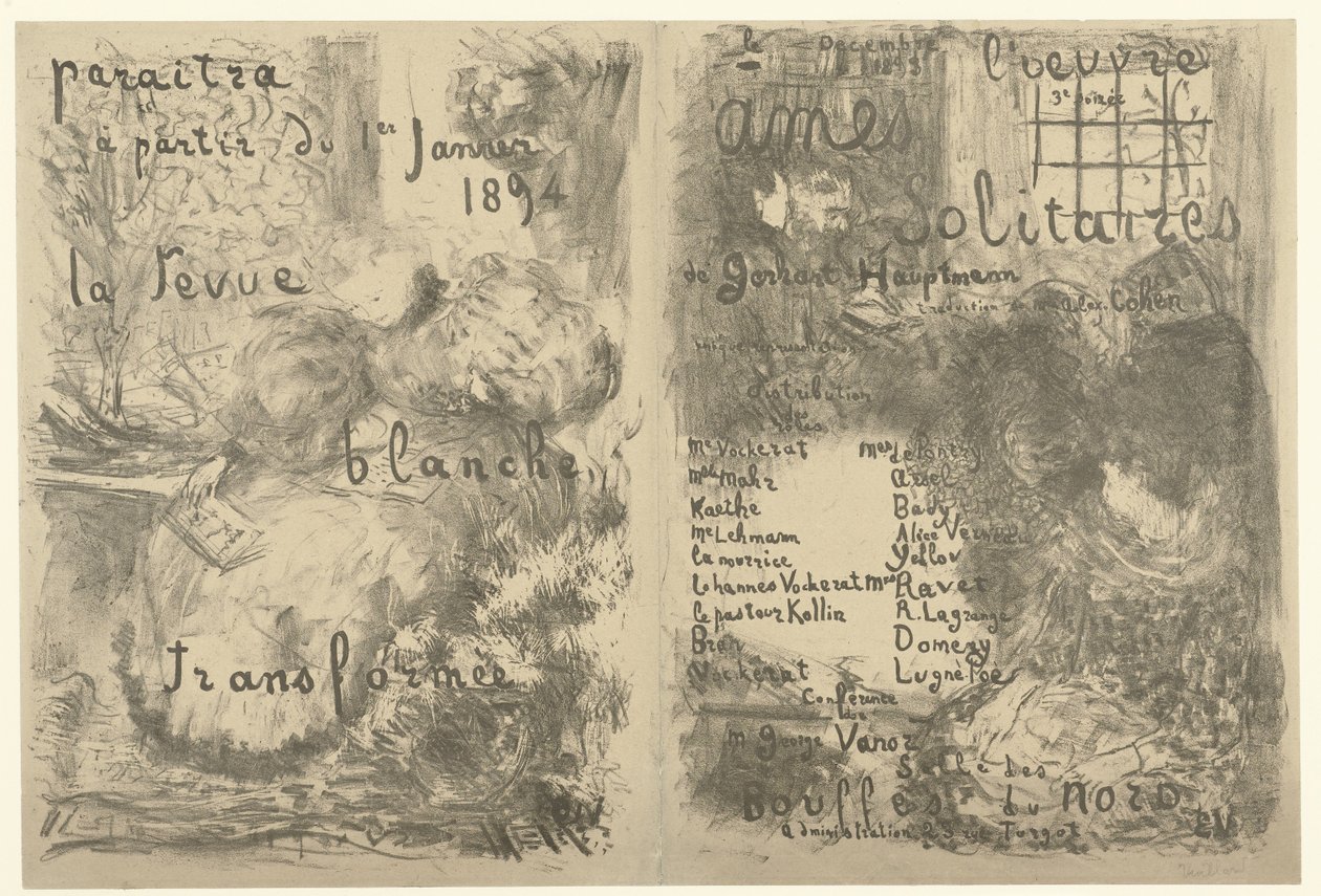Ohjelmavihkon kansi, jossa on La Revue Blanchen mainos ja ilmoitus näytelmästä Ames solitaires La revue blanche transformée Amesin pasianssit tekijältä Edouard Vuillard