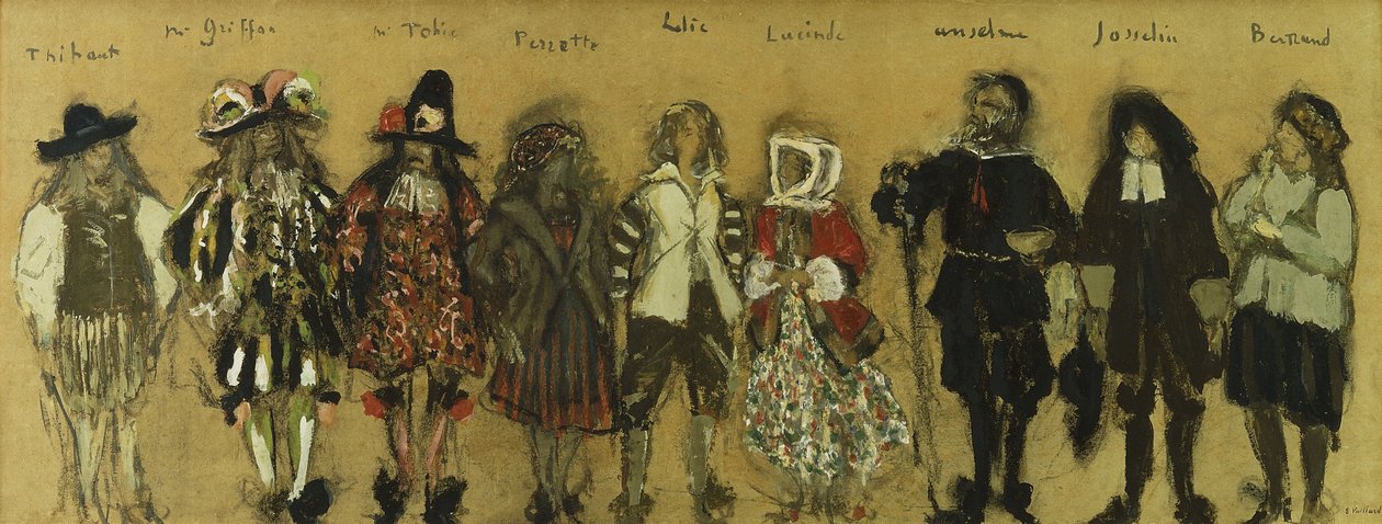 Opiskelu pukuja yhdeksälle näyttelijälle "La Coupe Enchantee" Jean de la Fountaine; Jean de la Fontainen pukututkimukset Lumotun kupin yhdeksän hahmolle, 1918 tekijältä Edouard Vuillard