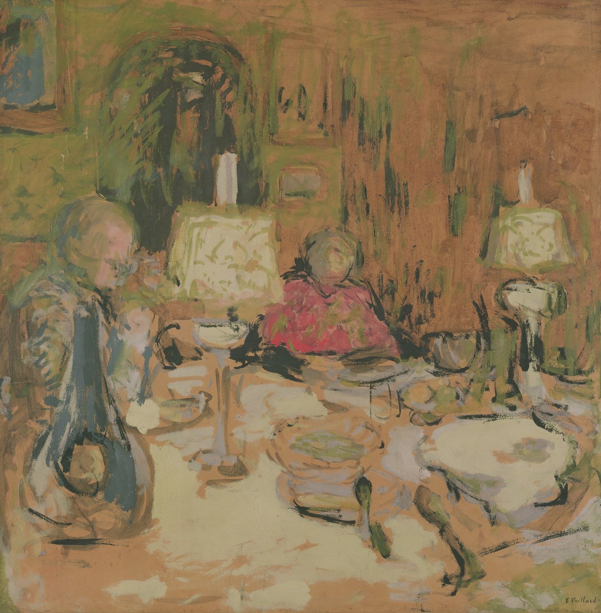 The Dinner with Two Lamps, rue de Calais, 1913 (pentu ruskealle paperille) tekijältä Edouard Vuillard