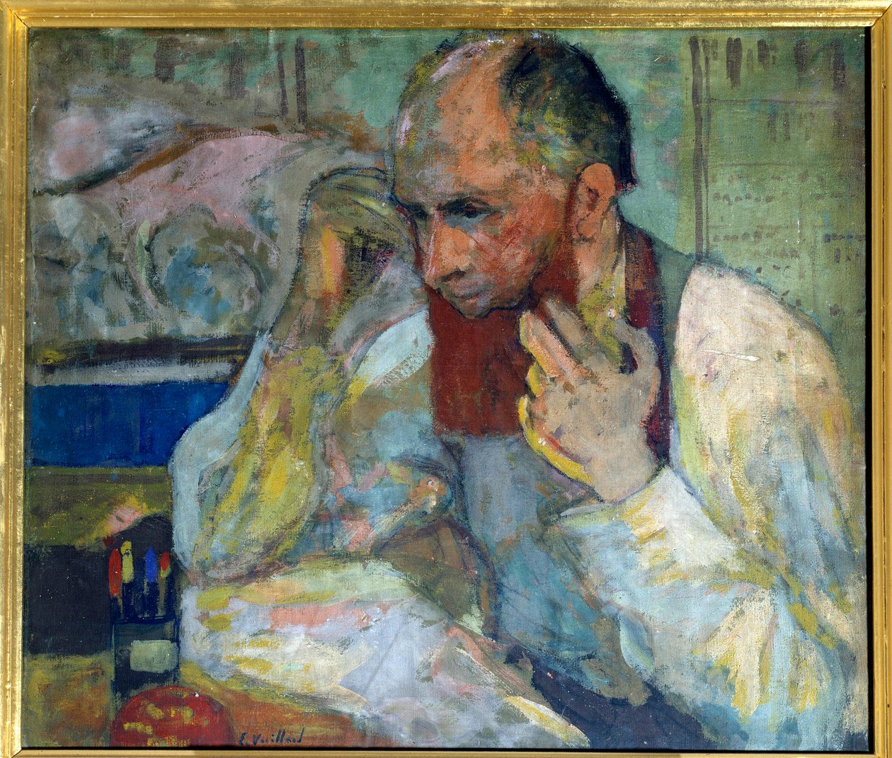 Koomikko Aurelien Lugne Poe (Lugne-Poe) (1869-1940) meikkaamassa, 1900-luvun Pariisi, Champs Elysees -komedia (öljy kankaalle) tekijältä Edouard Vuillard