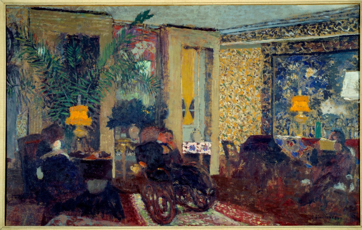 Olohuoneessa kolme lamppua St. Florentine. Asunnon olohuoneen sisustus. Keskellä mies istuu keinutuolissa. Edouard Vuillardin (1868-1940) maalaus tekijältä Edouard Vuillard