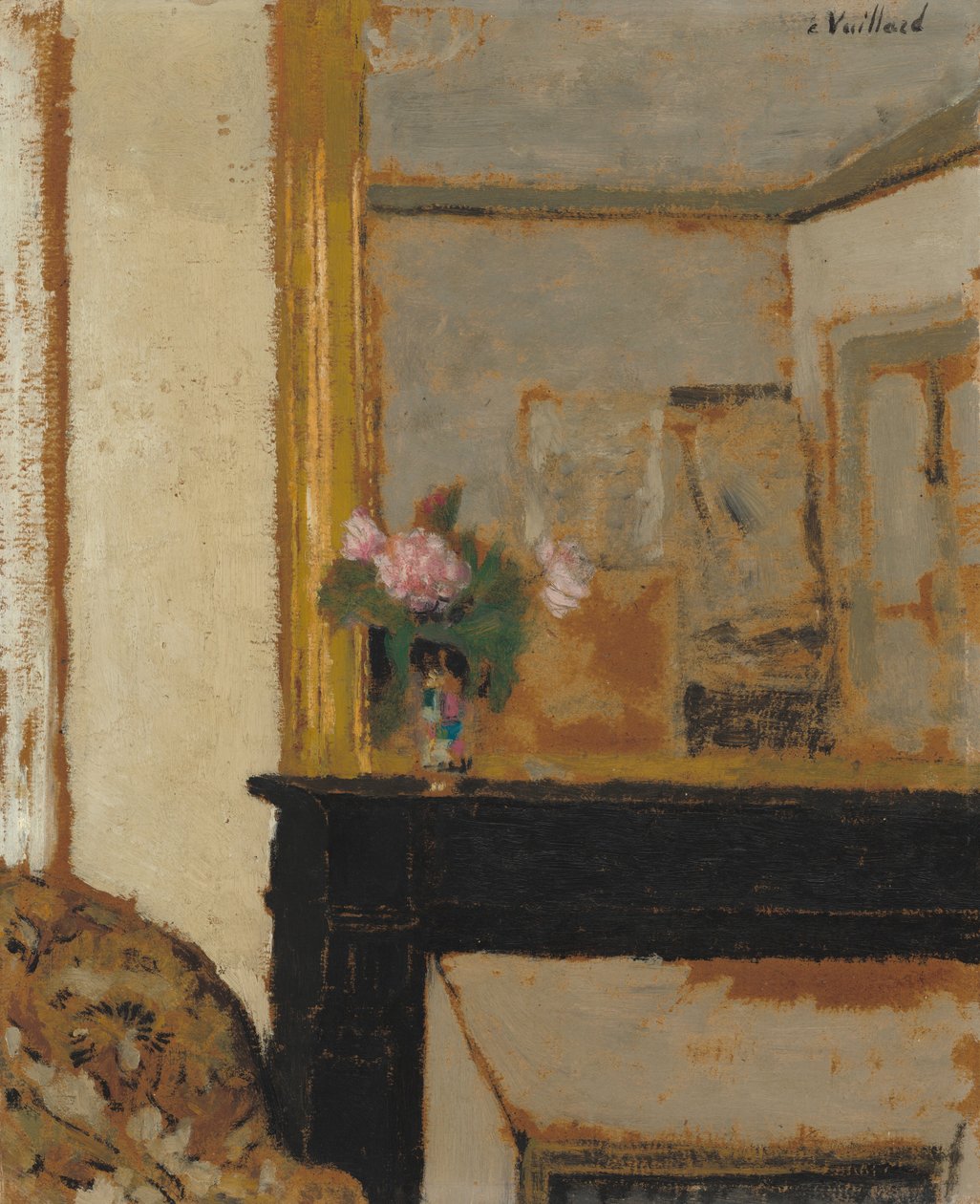 Maljakko kukkia kamiinanreunassa tekijältä Edouard Vuillard