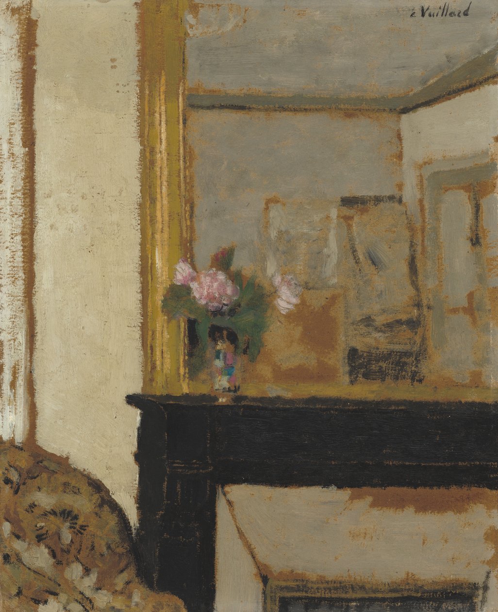 Kukkimaljakko kamiinan reunassa, n. 1900 (öljy pahville) tekijältä Edouard Vuillard