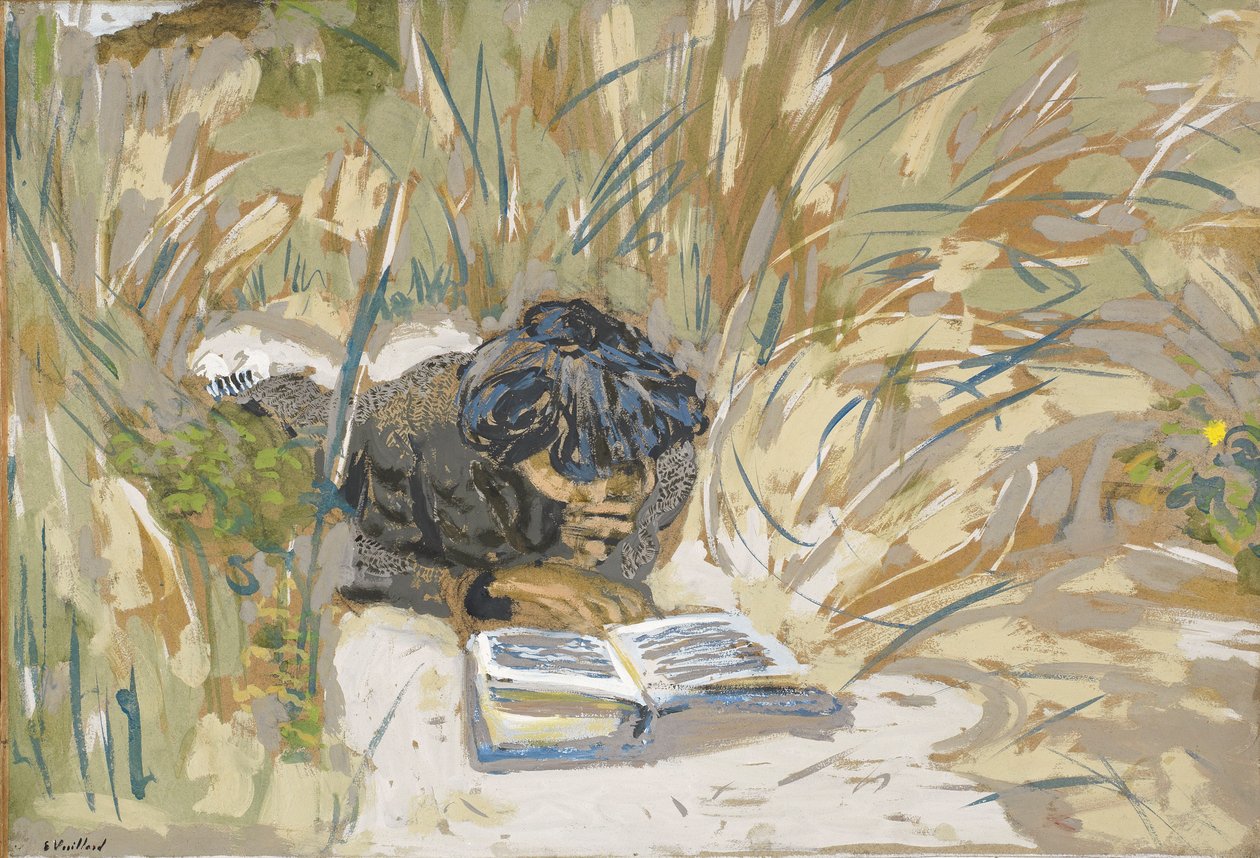 Nainen lukee, n. 1909 (penkkatauti paperilla) tekijältä Edouard Vuillard