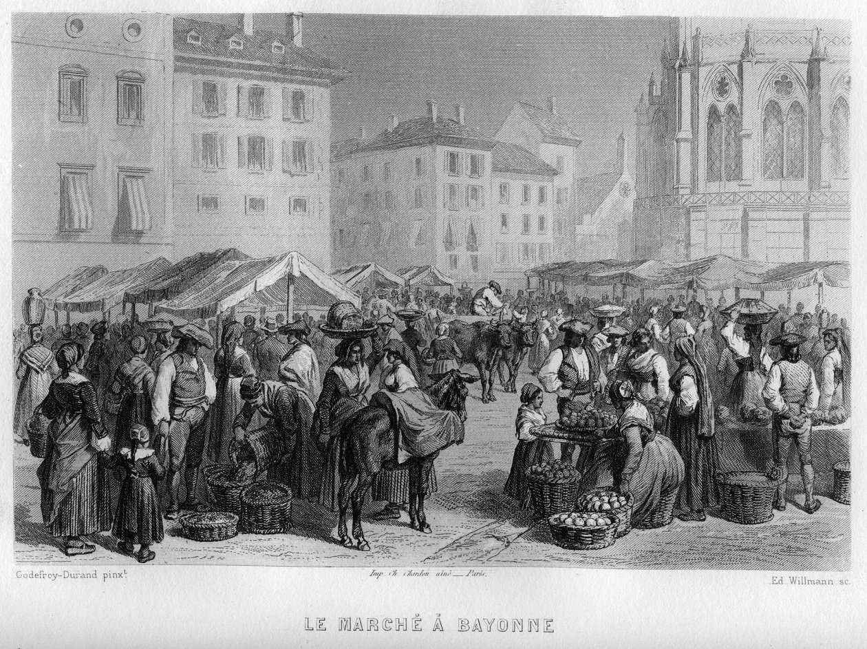 Marche Bayonnessa, Pyrenees-Atlantiquesissa (Pyrenees Atlantiques), Aquitainessa, Ranskassa. Willmannin kaiverrus Jean-Bernard Mary-Lafonin (Jean Bernard Mary Lafon) teokseen "Ancient and Modern France" tekijältä Edouard Willmann