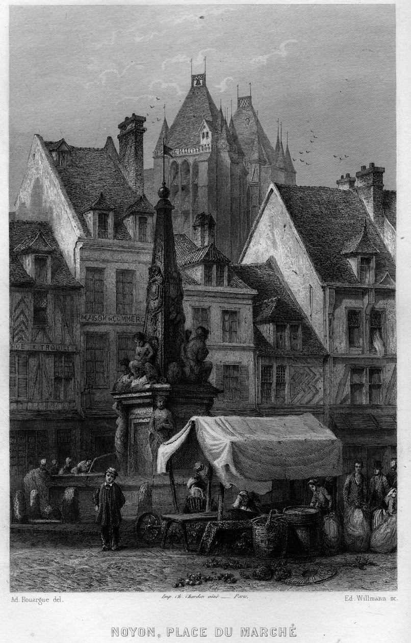 Place du Marche Noyonin kaupungissa, Oisessa, Picardiassa, Ranskassa. Willmannin kaiverrus Jean-Bernard Mary-Lafonin (Jean Bernard Mary Lafon) teokseen "Ancient and Modern France" tekijältä Edouard Willmann