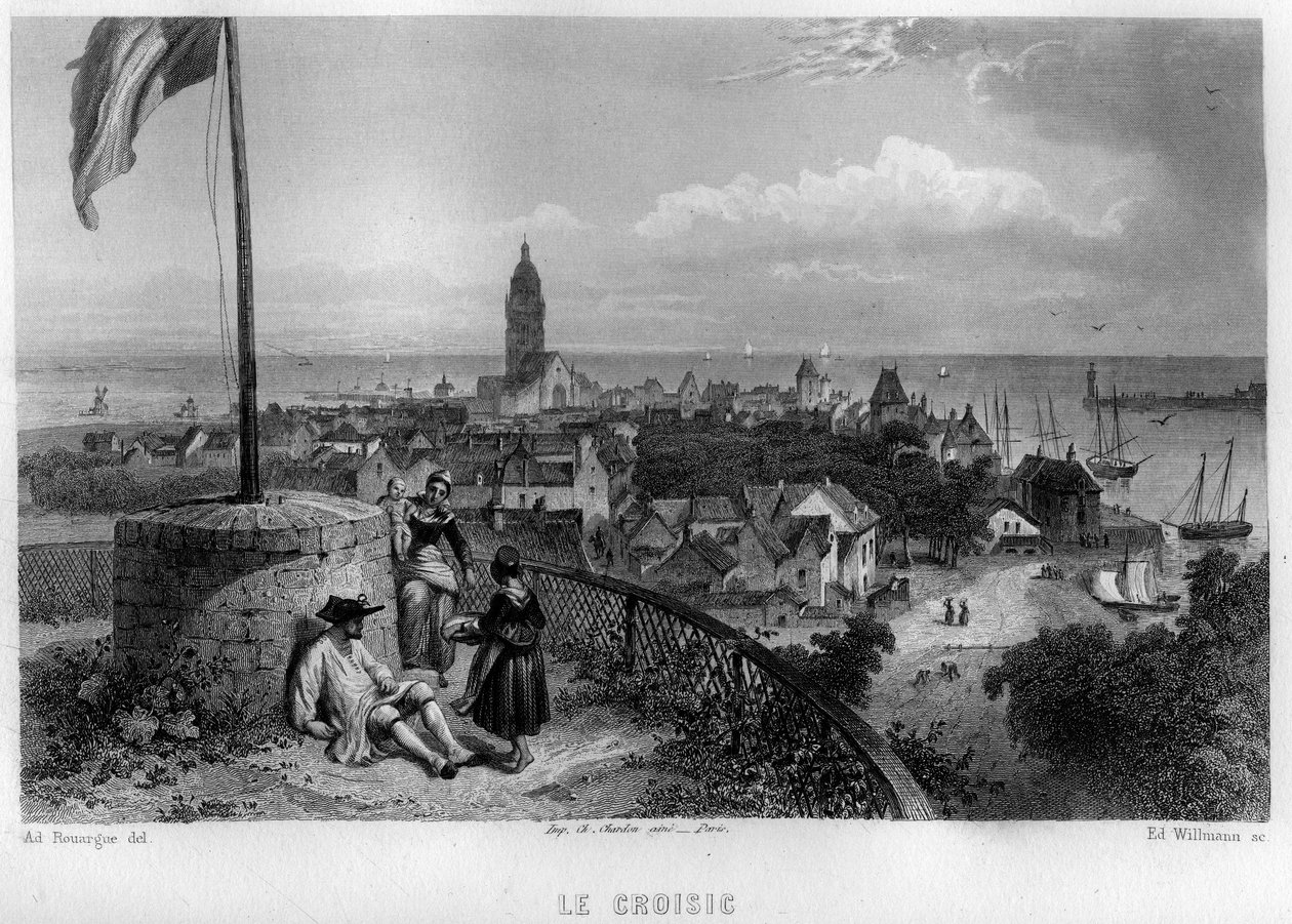 Näkymä Croisicin (Le Croisic) kaupunkiin, Loire-Atlantiquelle (Loire Atlantique), Pays de la Loirelle, Ranskalle. Willmannin kaiverrus Jean-Bernard Mary-Lafonin (Jean Bernard Mary Lafon) teokseen "Ancient and Modern France" tekijältä Edouard Willmann
