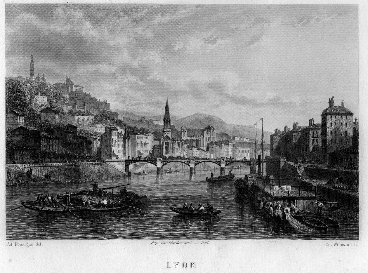 Näkymä Lyonin kaupunkiin, Rhônen departementissa, Rhône-Alpesin alueella, Ranskassa. Willmannin kaiverrus Jean-Bernard Mary-Lafonin teokseen "La France ancienne et moderne" (Jean Bernard Mary Lafon) tekijältä Edouard Willmann