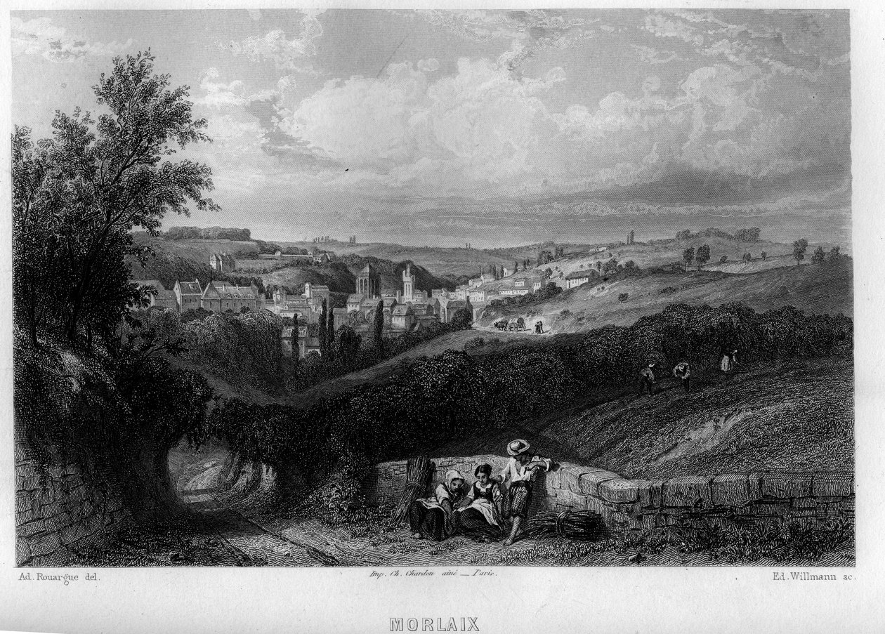 Näkymä Morlaixin kaupunkiin, Finistere, Bretagne, Ranska. Willmannin kaiverrus Jean-Bernard Mary-Lafonin (Jean Bernard Mary Lafon) teokseen "Ancient and Modern France" tekijältä Edouard Willmann