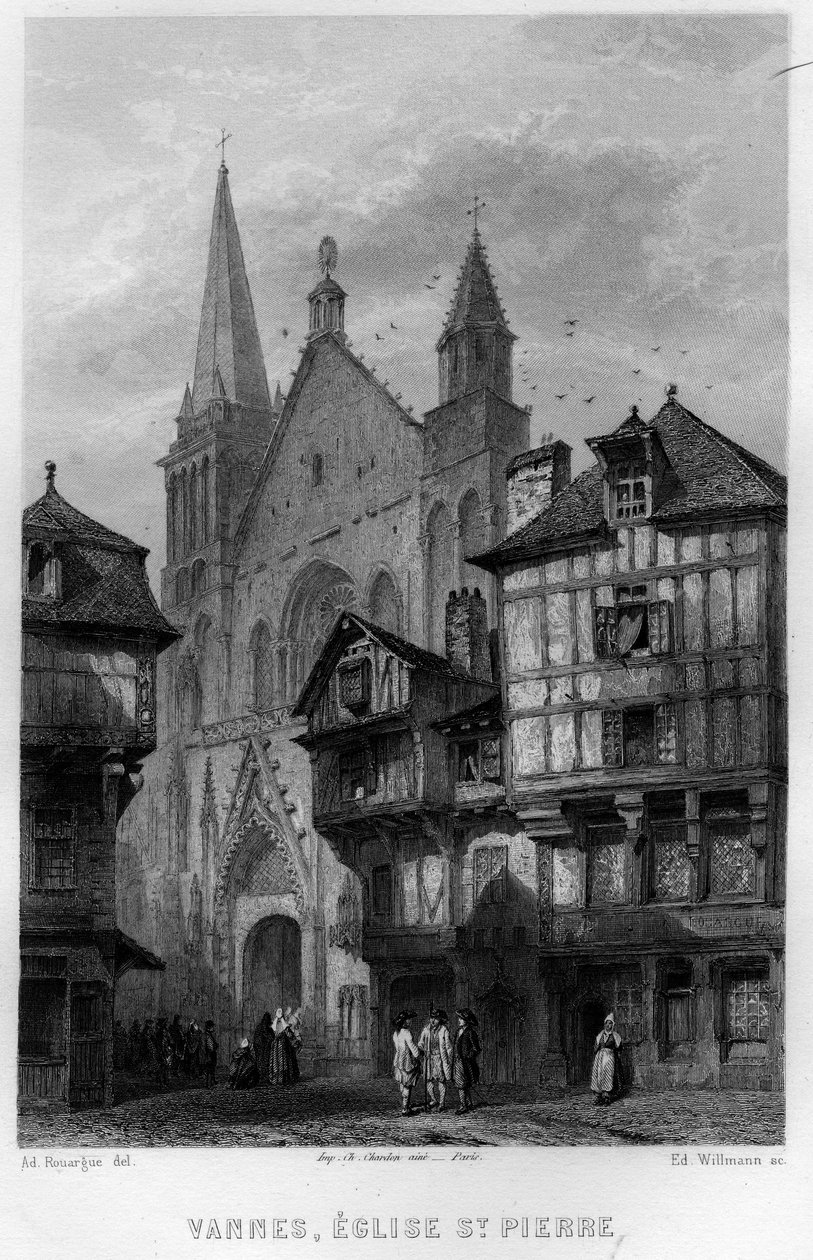 Näkymä Vannesin kaupunkiin ja Saint Pierren kirkolle, Morbihan, Bretagne, Ranska. Willmannin kaiverrus Jean-Bernard Mary-Lafonin (Jean Bernard Mary Lafon) teokseen "La France ancienne et moderne" tekijältä Edouard Willmann