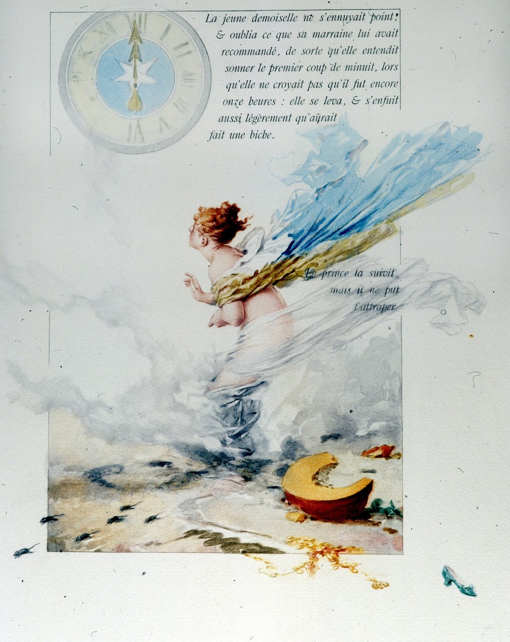 Charles Perrault (1628 - 1703): “” Cinderella””” 1697. Edouard de Beaumontin (1887) kuvitus kuvaa Cinderellan pakenevan puolenyön kahdestoista iskussa ja menettänyt kenkänsä. Hevosista tulee taas rottia ja vaunuista tulee kurpitsa. tekijältä Edouard de (after) Beaumont