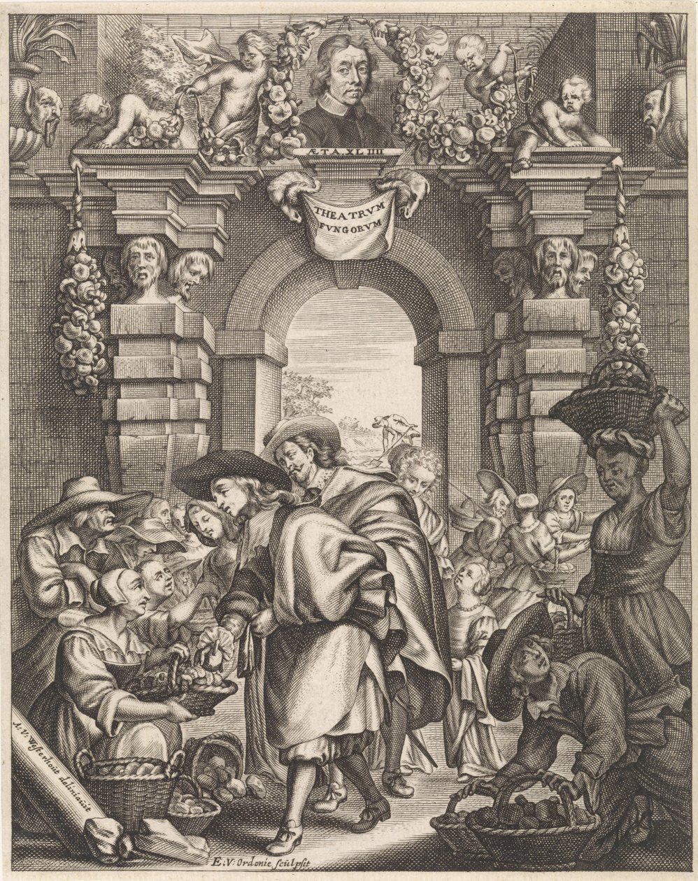 Kaksi herraa ostaa sieniä torilta Otsikkokuvitus: F. van Sterbeeck, Theatrum Fungorum oft het tooneel der Campernoelien, 1675 tekijältä Edouard van Ordonie