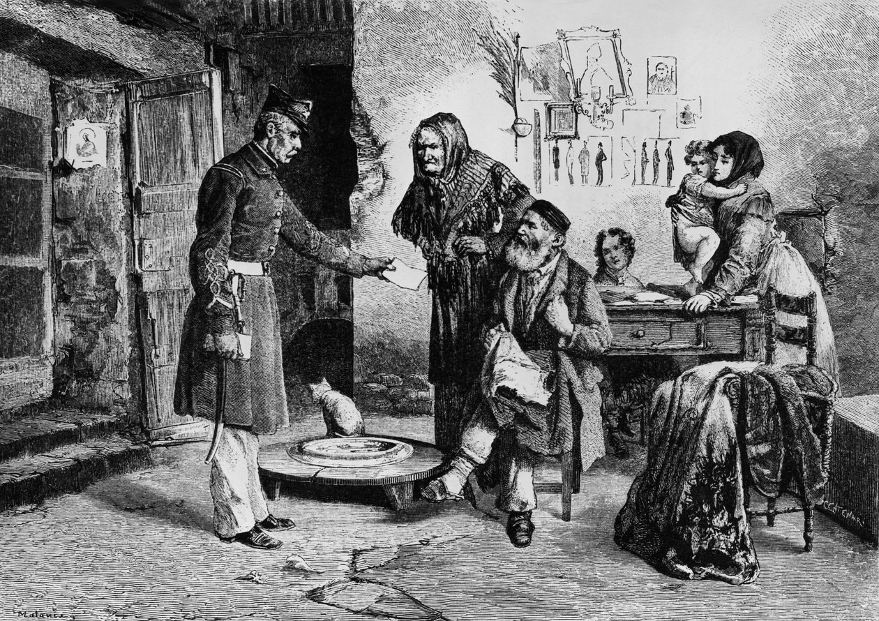 Irtainta omaisuutta, virkamies jakaa oikeuden määräyksen räätälöityjen kurjuudessa asumiseen Italiassa, kaiverrus Edoardo Matanian (1847-1929) piirroksesta L