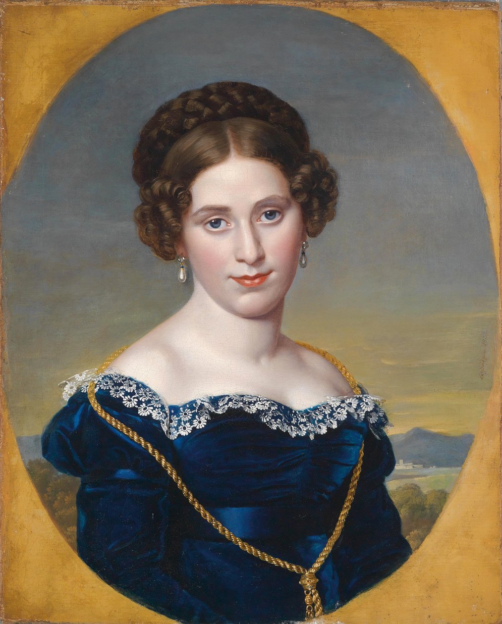 Porträt einer jungen Frau / Bildnis einer Dame vor Landschaftshintergrund tekijältä Eduard Friedrich Leybold