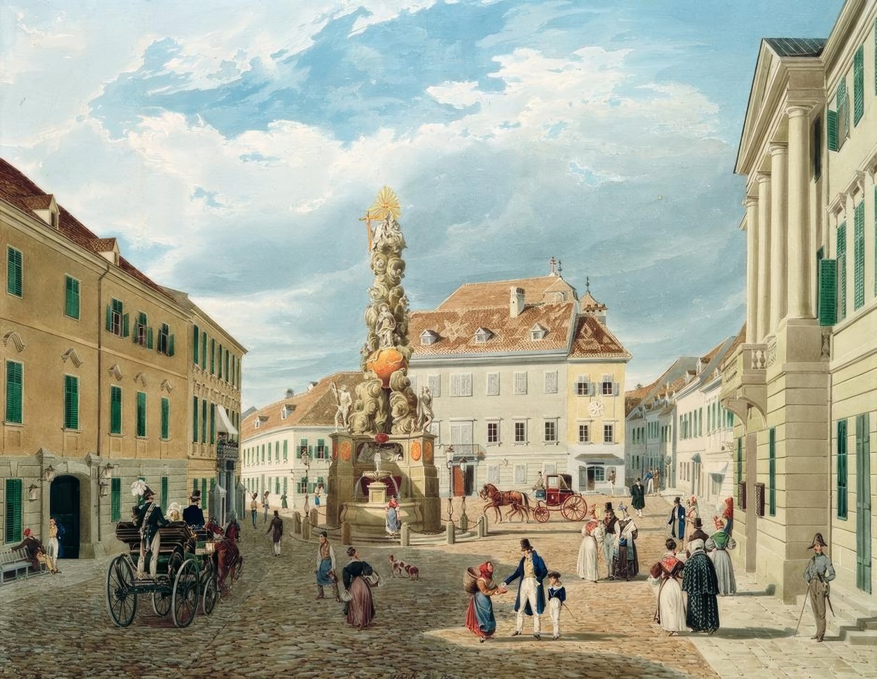 Das Kaiserhaus mit dem Ferdinandsbrunnen Baden bei Wienissä tekijältä Eduard Gurk