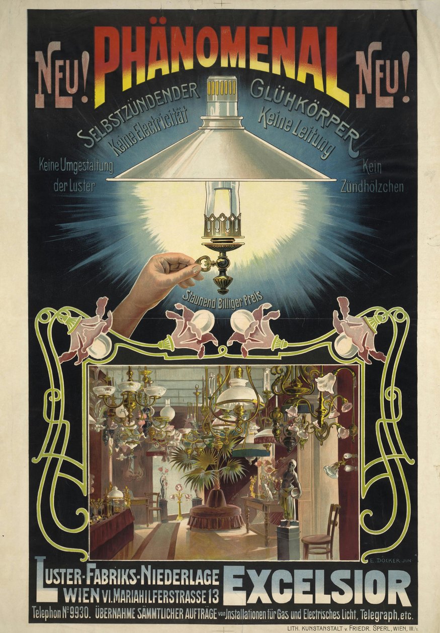 Excelsior. Itsesyttyvä hehkulamppu, noin 1895-1900. tekijältä Eduard Döcker