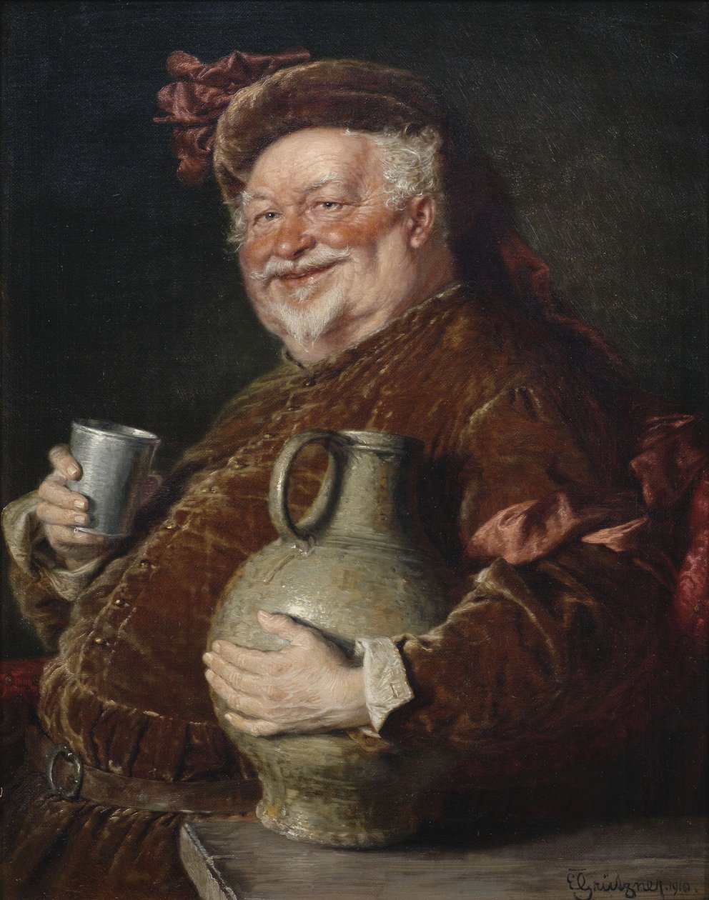 Falstaff viinisäiliön ja tinakupin kanssa, 1910 tekijältä Eduard Gruetzner von