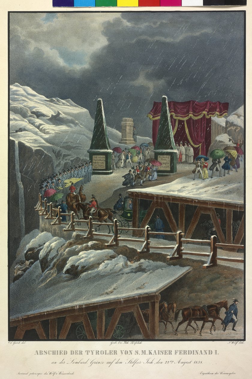 Tirolilaisten jäähyväiset keisari Ferdinand I:ltä klo 22. Elokuu 1838 (värillinen litografia) tekijältä Eduard Gurk