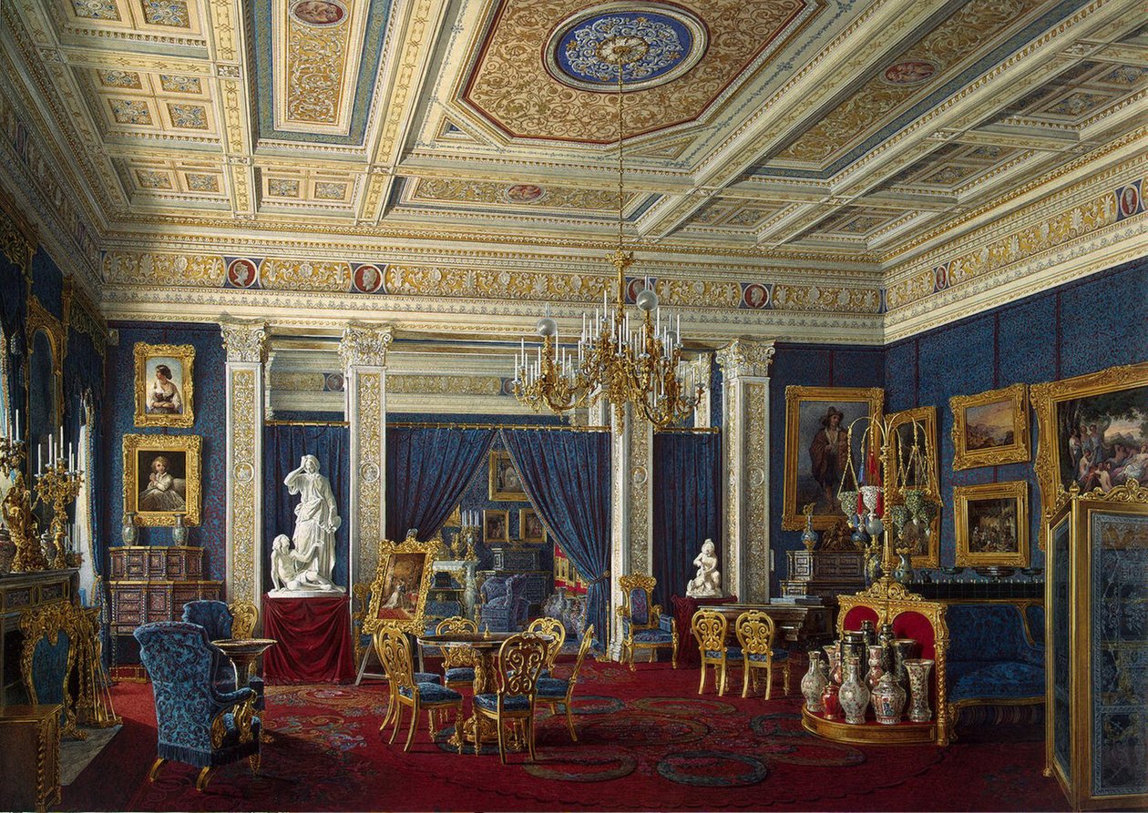 Sininen salonki Mariinski-palatsissa Pietarissa, 1800-luvun puolivälissä. tekijältä Eduard Hau