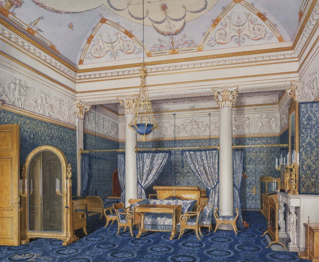 Talvipalatsin sisätilat. Keisarinna Aleksandra Fjodorovnan makuuhuone, 1870 tekijältä Eduard Hau