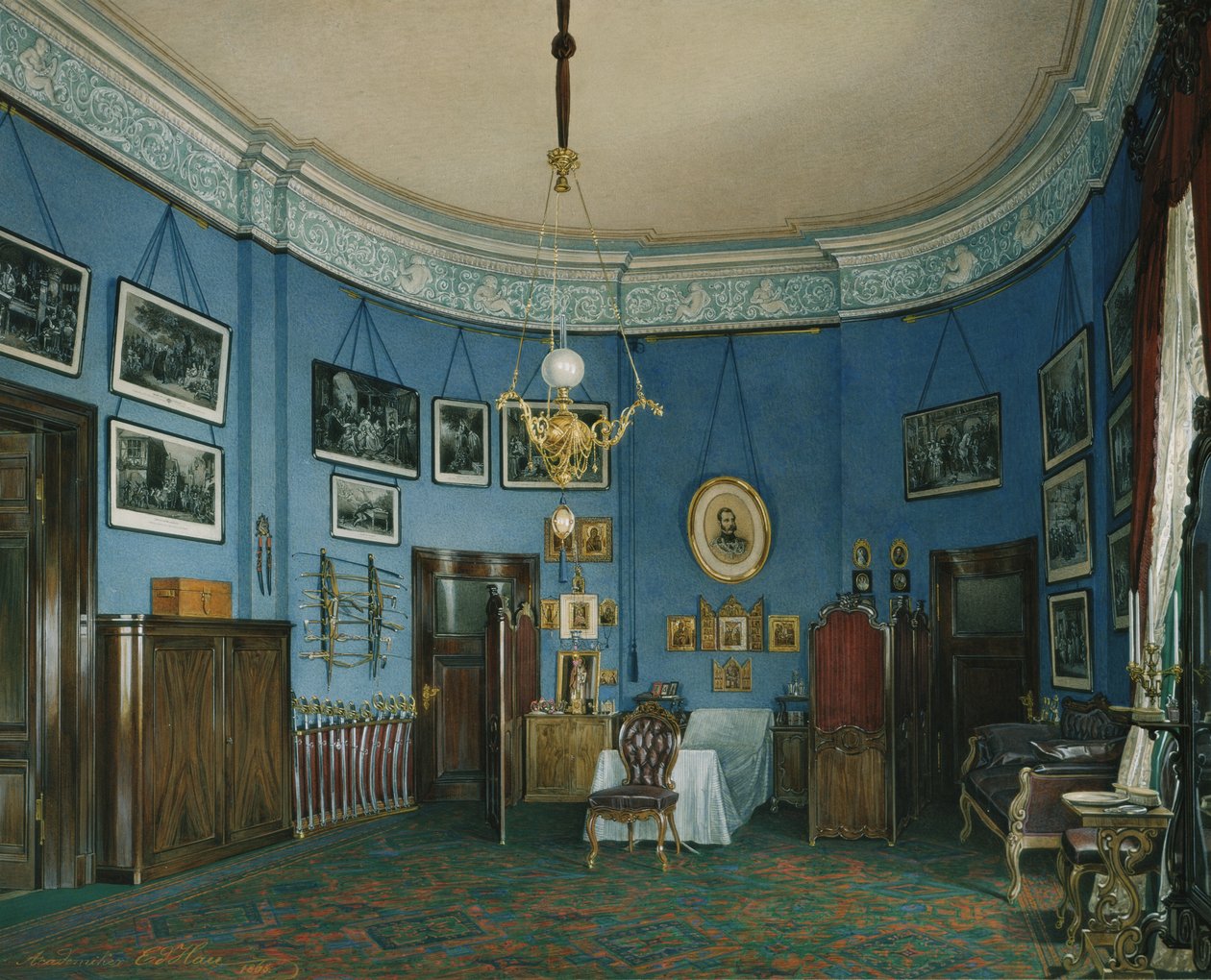 Talvipalatsin sisätilat. Kruununprinssi Nikolai Aleksandrovitšin makuuhuone, 1865 tekijältä Eduard Hau