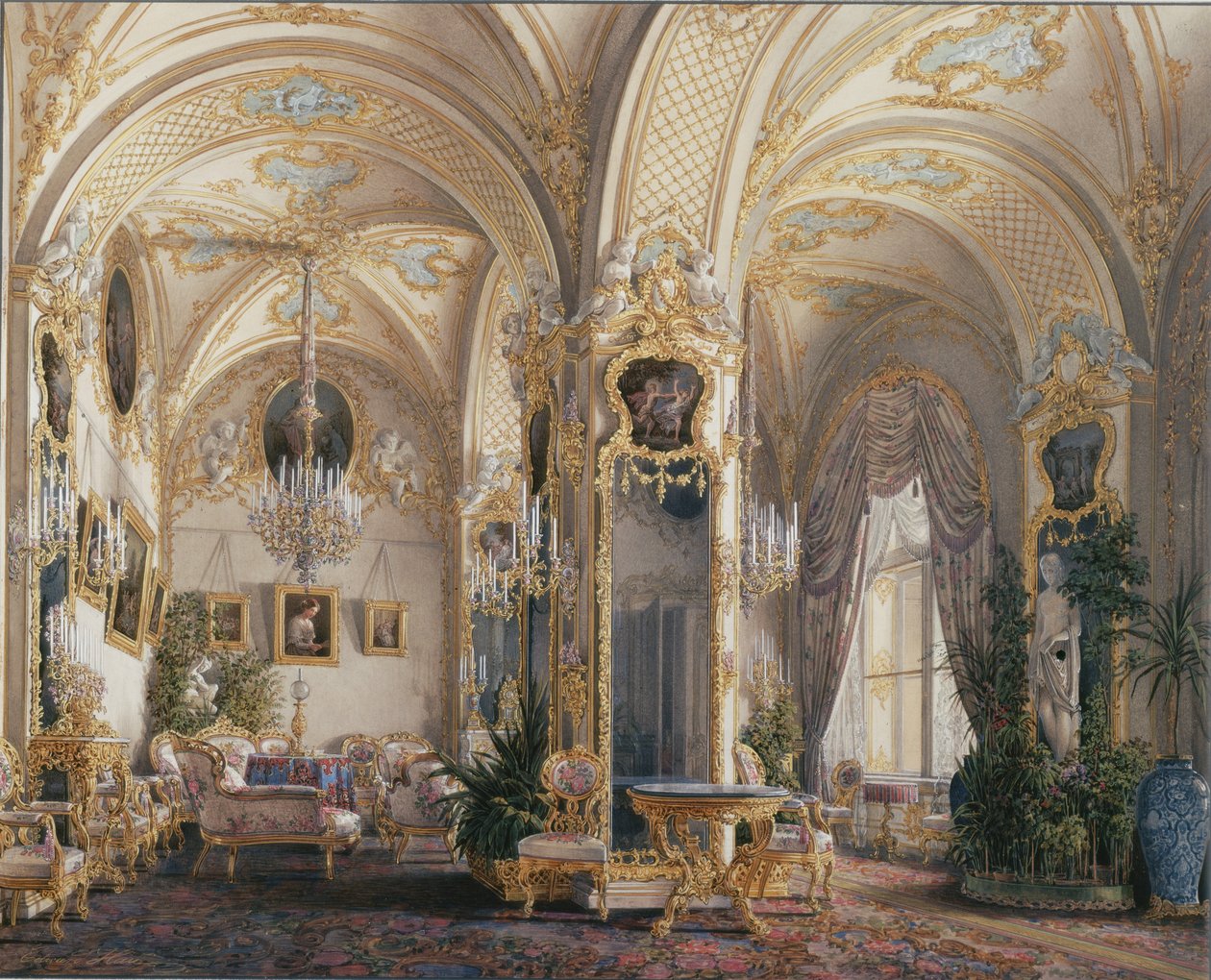 Talvipalatsin sisätilat. Rokokootyylinen salonki amorien kanssa, 1860-luku tekijältä Eduard Hau