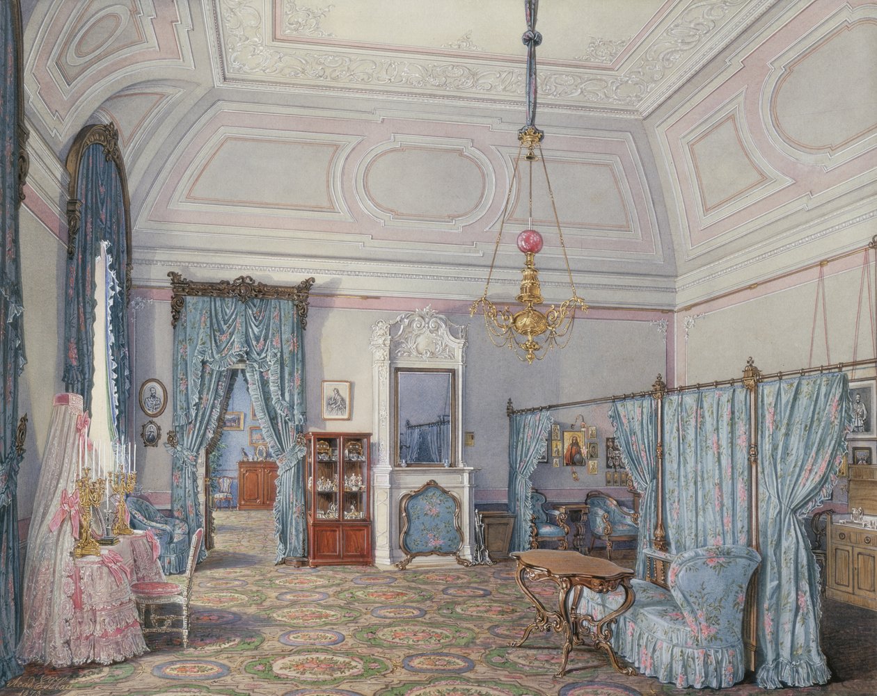 Talvipalatsin sisätilat. Viides varattu huoneisto. Suurprinsessa Maria Aleksandrovnan makuuhuone, 1873 tekijältä Eduard Hau