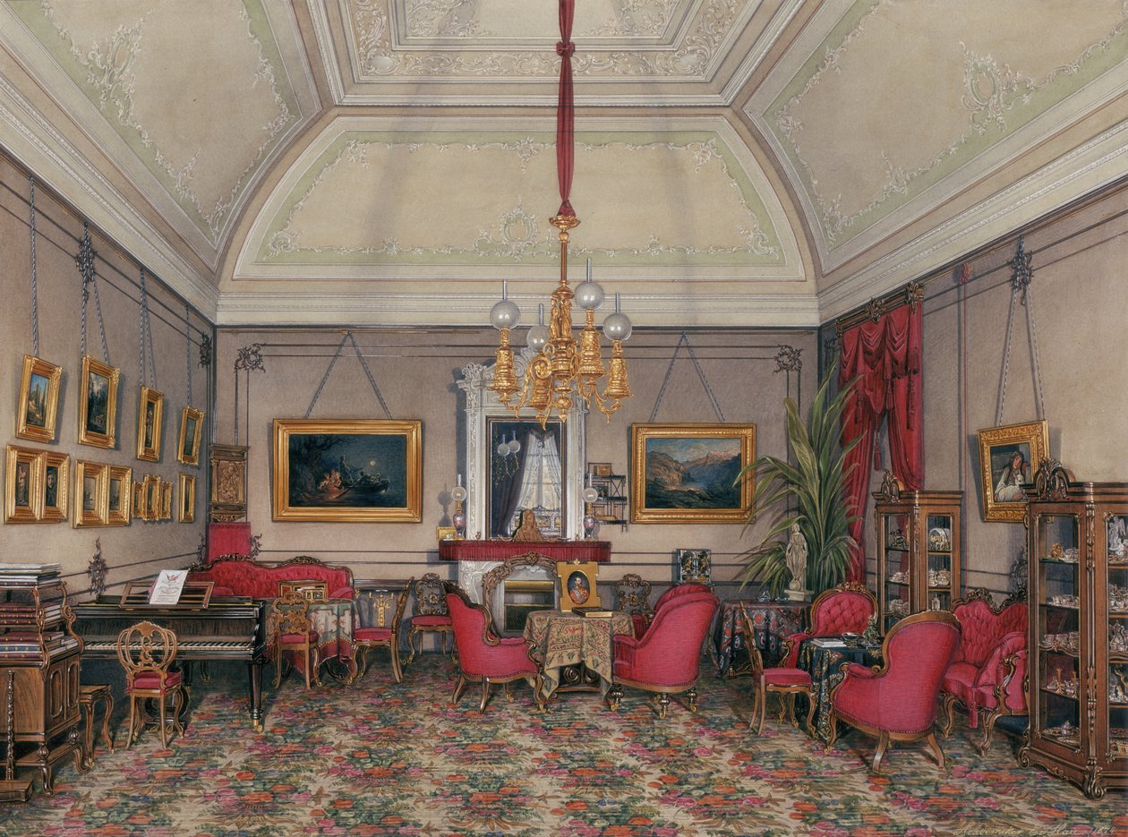 Talvipalatsin sisätilat. Viides varattu huoneisto. Suurprinsessa Maria Aleksandrovnan salonki, 1874 tekijältä Eduard Hau