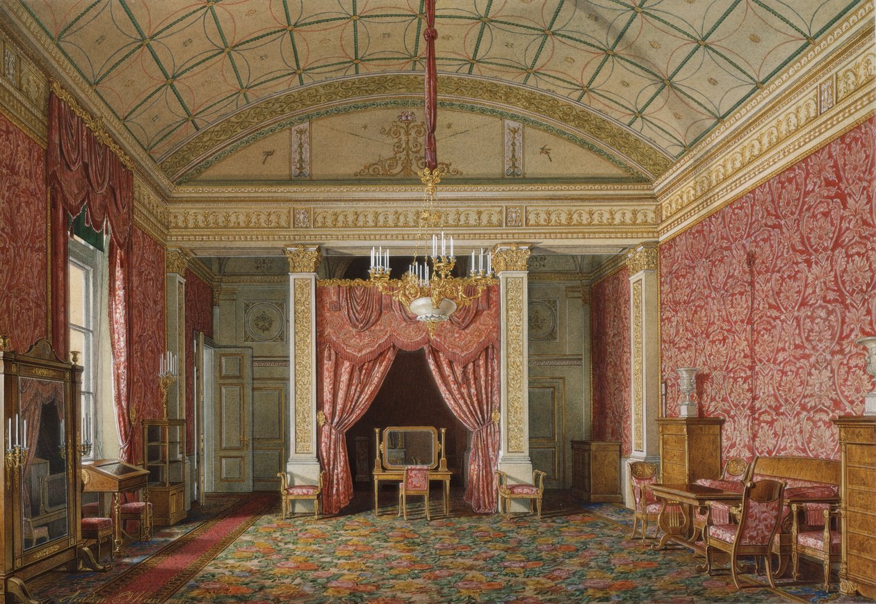 Talvipalatsin sisätilat. Ensimmäinen varattu asunto. Suurprinsessa Maria Nikolajevnan makuuhuone, 1867 tekijältä Eduard Hau