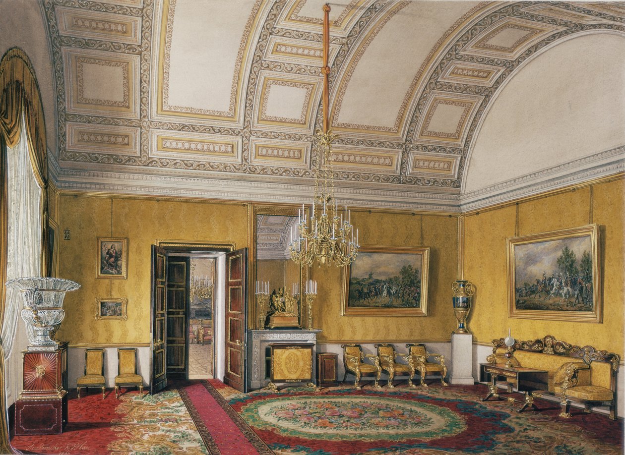 Talvipalatsin sisätilat. Ensimmäinen varattu asunto. Suurprinsessa Maria Nikolajevnan keltainen salonki, 1866 tekijältä Eduard Hau