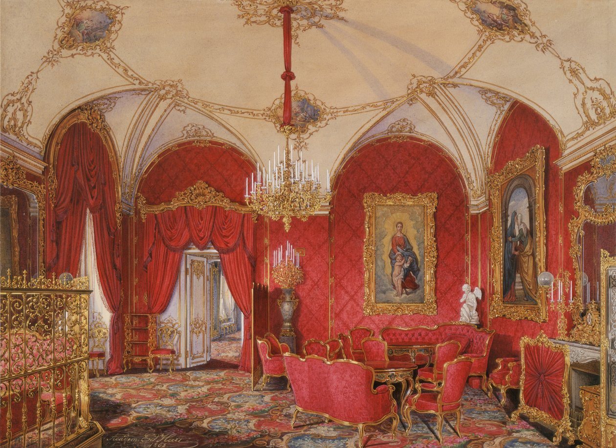 Talvipalatsin sisätilat. Neljäs varattu huoneisto. Kulmahuone, 1868 tekijältä Eduard Hau