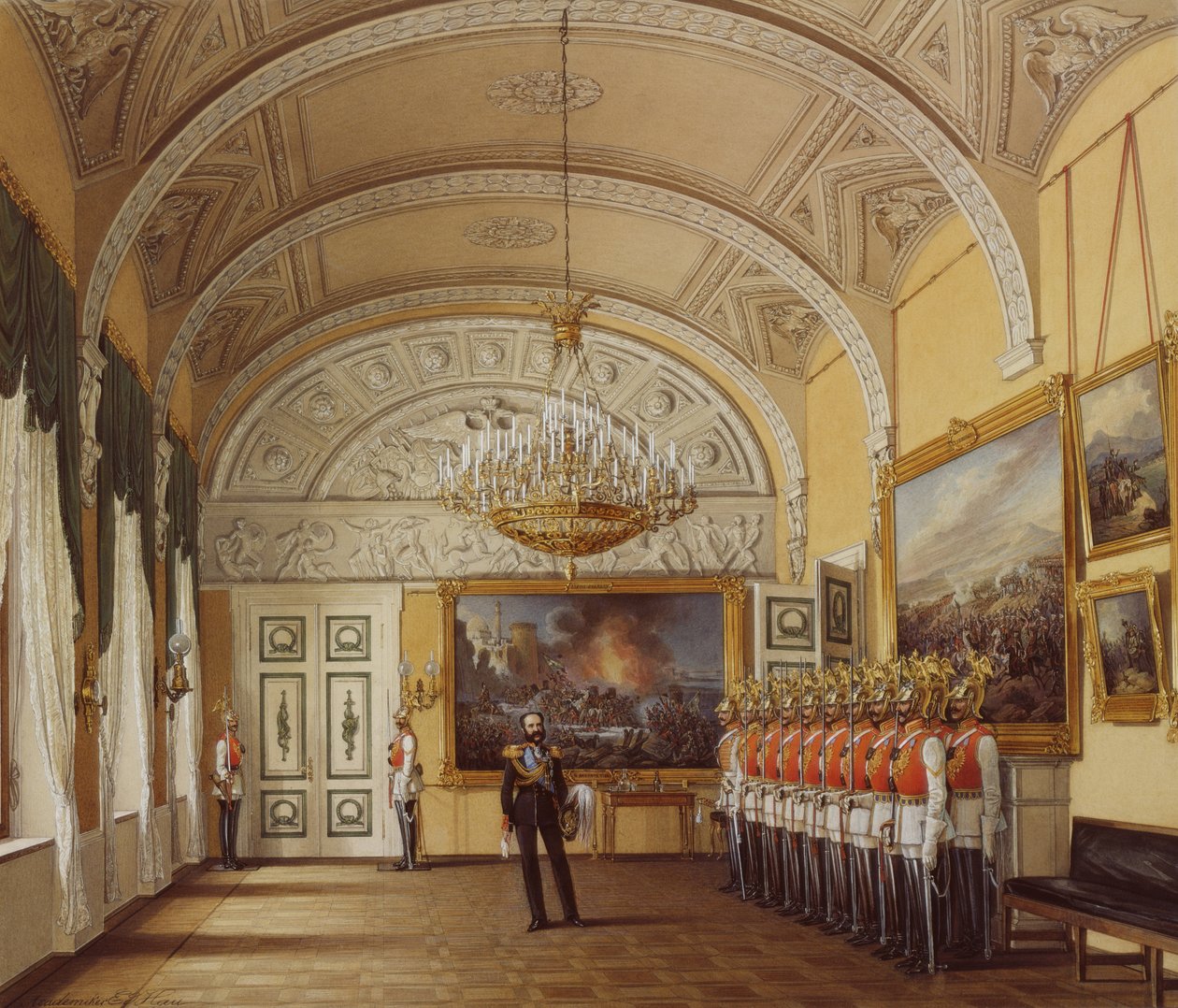 Talvipalatsin sisätilat. Vartiohuone, 1864 tekijältä Eduard Hau