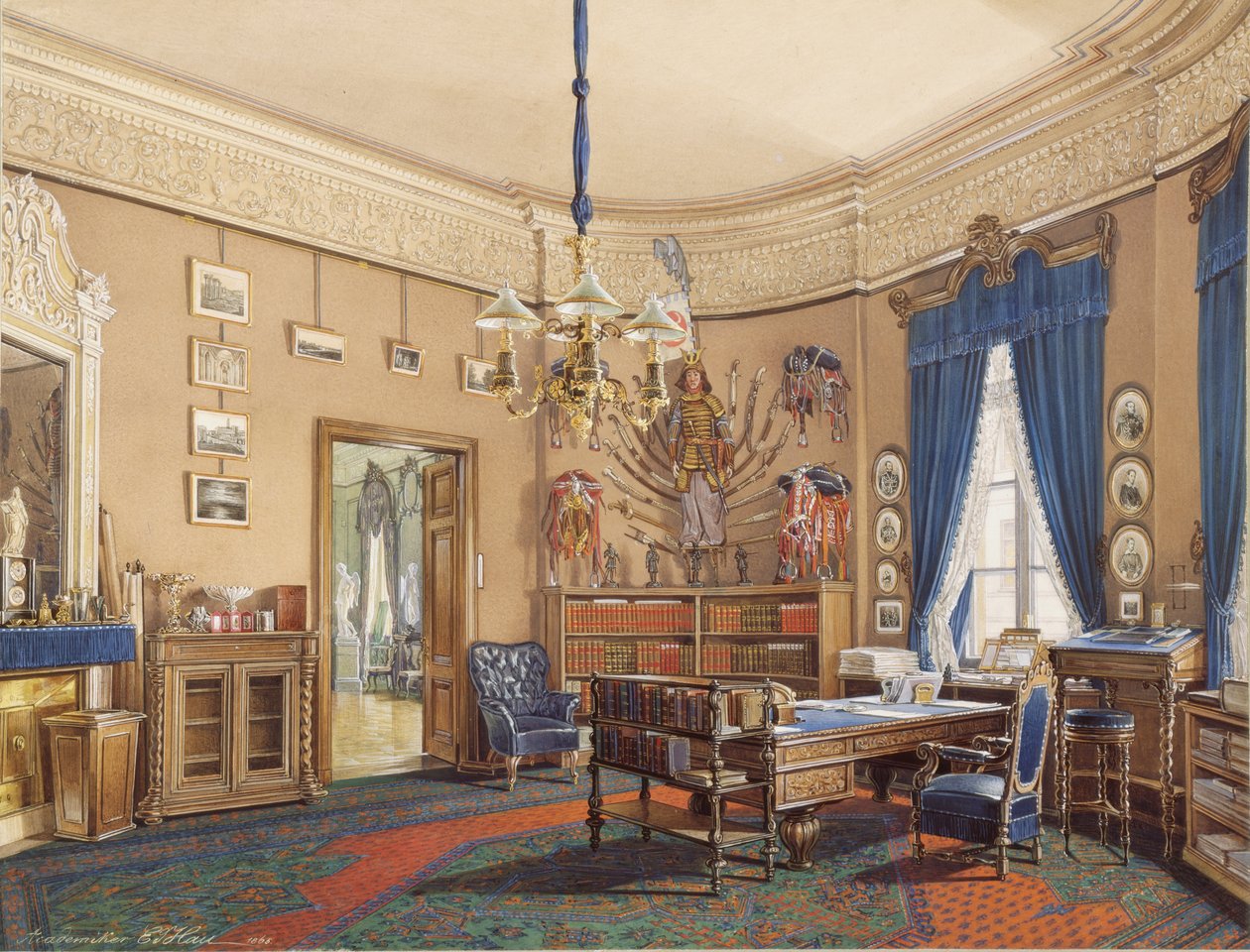 Talvipalatsin sisätilat. Kruununprinssi Nikolai Aleksandrovitšin tutkimus, 1865 tekijältä Eduard Hau