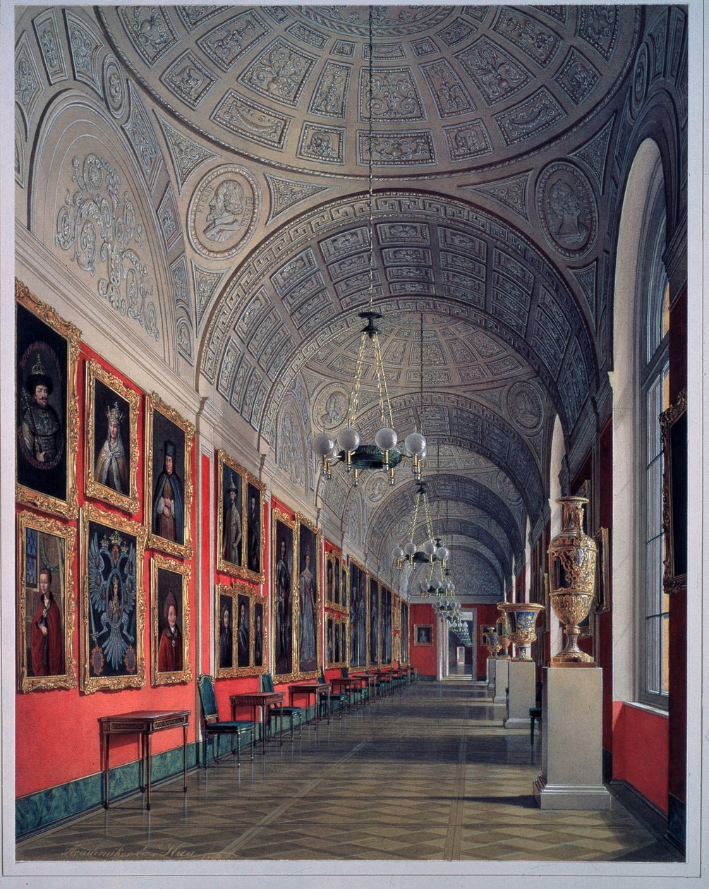 Uusi Eremitaaši, Romanovin galleria, pohjoinen alue (Uusi Ermitaasi, Romanovin galleria, pohjoinen alue). Eduard (Edouard) Haun (1807-1887) työ, akvarelli paperille 1864. Venäläinen taide 1900-luku. Pietarin valtion Eremitaaši. tekijältä Eduard Hau