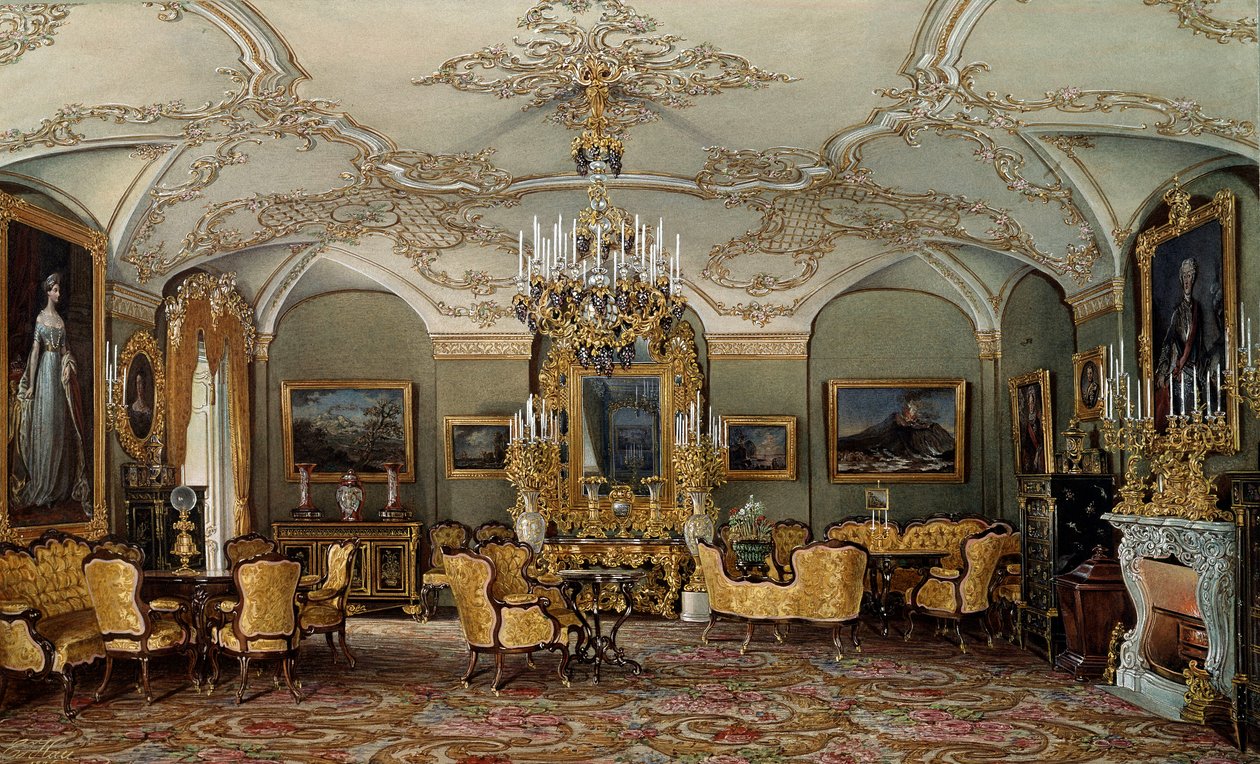 Näkymä Alexandra Fjodorovnan (Fedorovna tai Fedorovna tai Charlotte of Preussia (1798-1860)), tsaari Nikolai I:n vaimon salonki Gatšinan palatsissa. Eduard (Edouard) Haun (1807-1870) akvarelli 1800-luvun Pietari, Eremitaaši tekijältä Eduard Hau