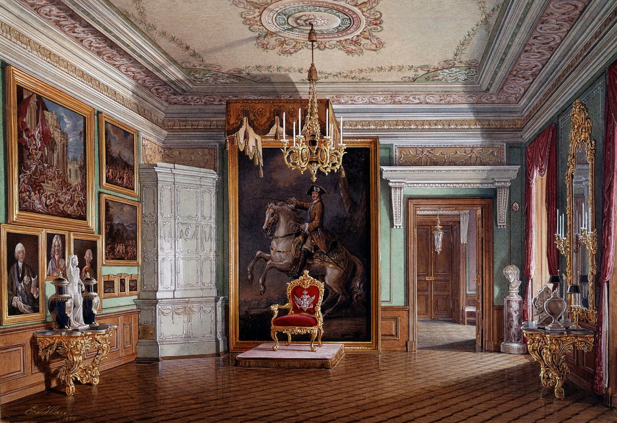 Näkymä Paavali I:n (1754-1801) valtaistuimen huoneesta Gatchinassa, keskellä Pietari I:n muotokuva Eduard (Edward) Hausta (1807-1870) akvarelli 1800-luvun Pietari, Eremitaaši tekijältä Eduard Hau