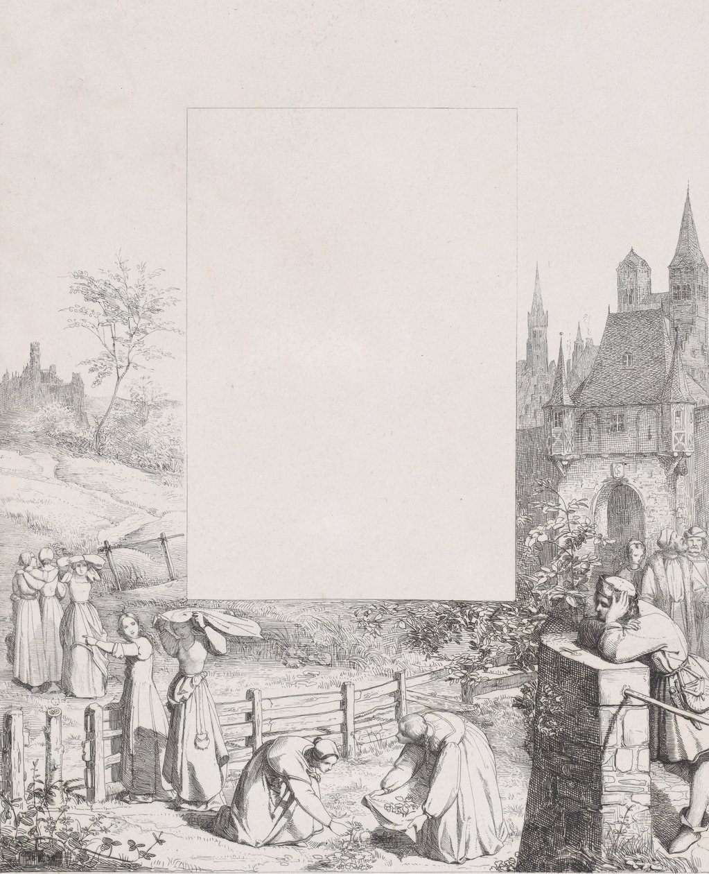 Levy 5: naiset keräämässä kasveja ja kantamassa niitä päänsä päällä, miespuolinen katselija ri..., 1836. tekijältä Eduard Julius Friedrich Bendemann